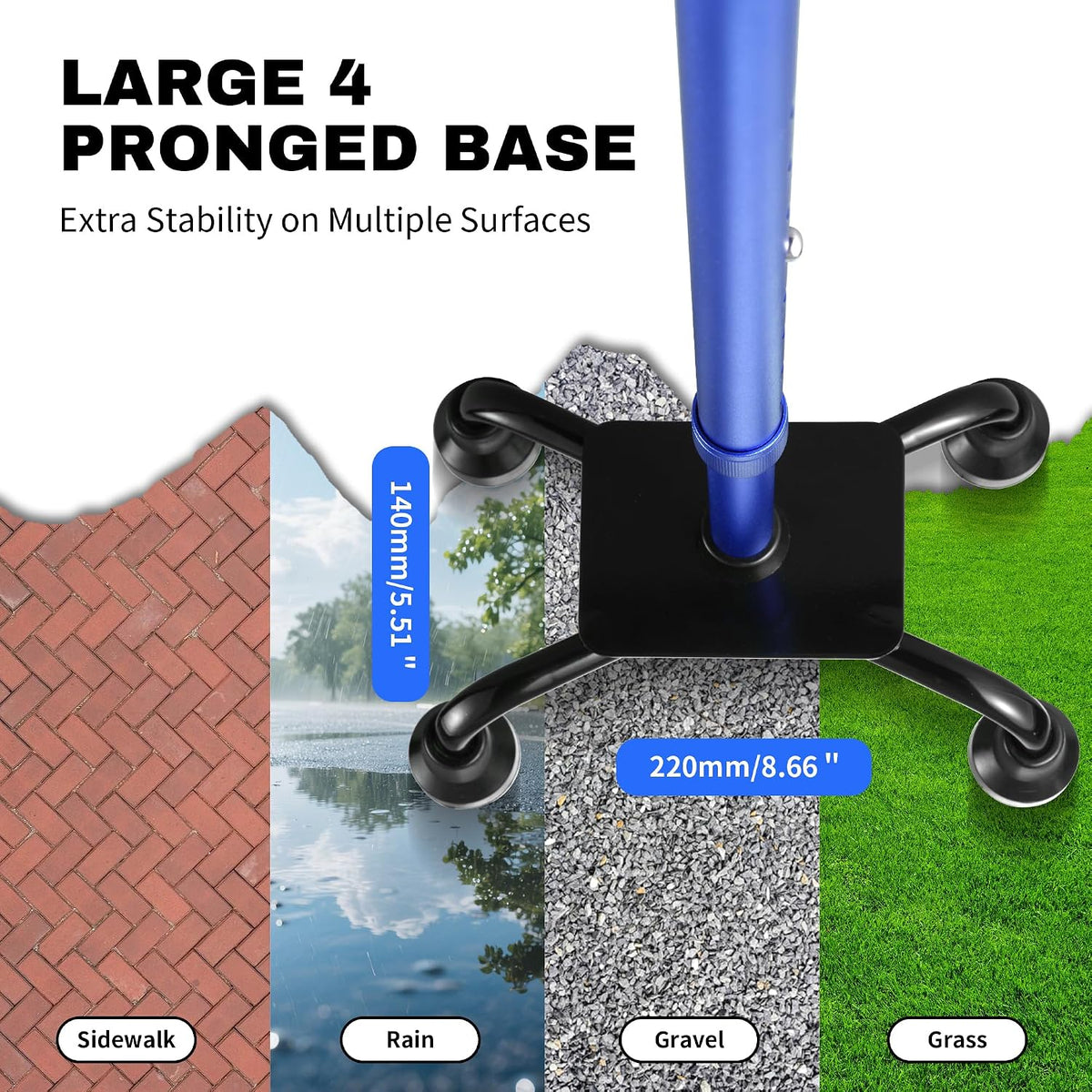 Stand Assist Walking Cane for Seniors - Foldable Adjustable Quad Cane with Second Handle for Leverage, Self Standing Walking Stick with 4-Pronged Base for Stability and Surgery Recovery