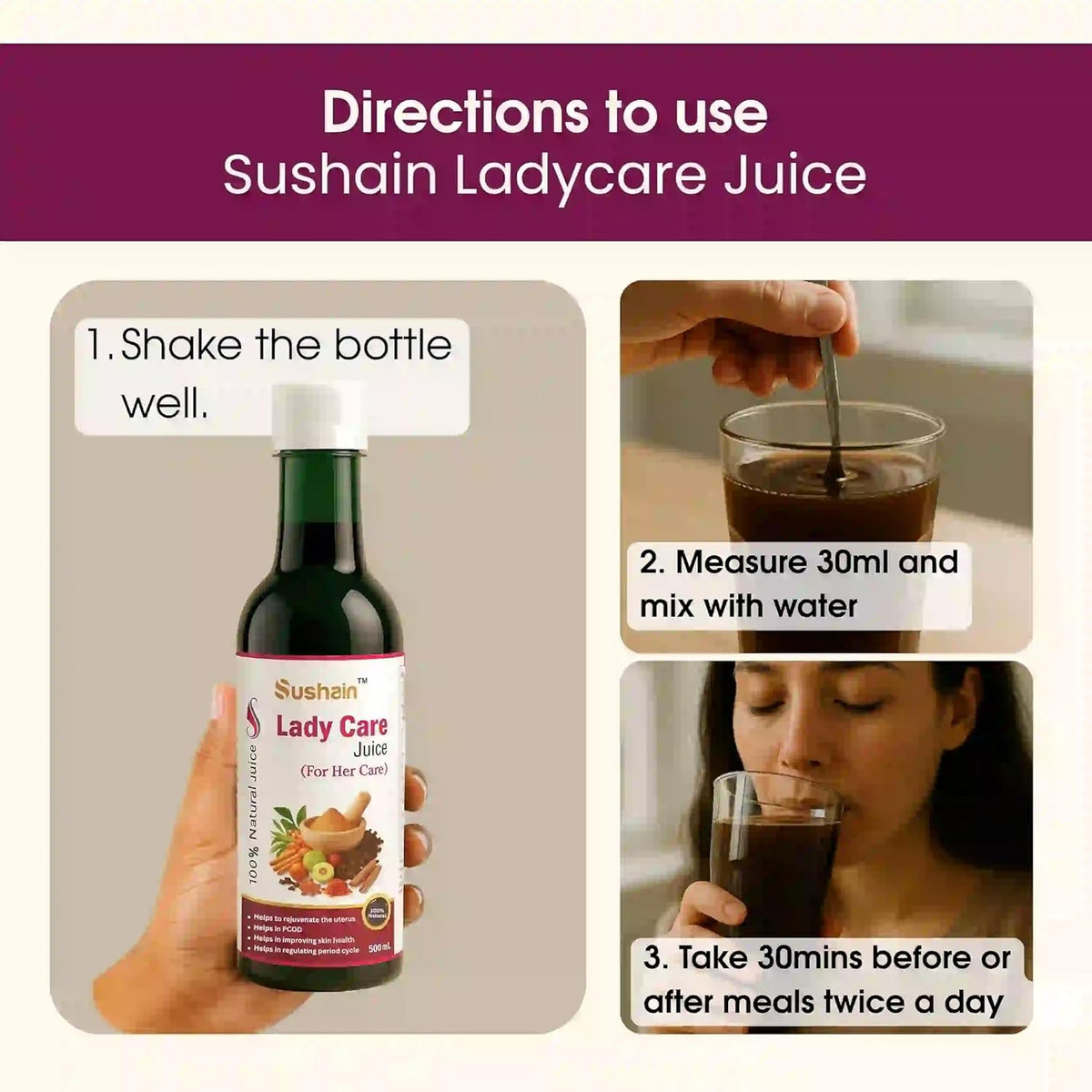 Sushain Lady Care Women Wellness Juice 1000ml | PCOS & PCOD Support Herbal She Care Juice | Hormonal Balance Supplement for Women | Period Pain Relief
