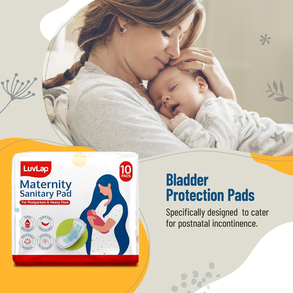 LuvLap Extra Absorbent Maternity Pad, 10's x 6 Pack (60 Pads), 0-2 Weeks Post-Birth, After Delivery Pad for Heavy Flow, Sanitary-Pad for Women, Ultra Soft-Pads for Maternity Flow, Postpartum Bleeding