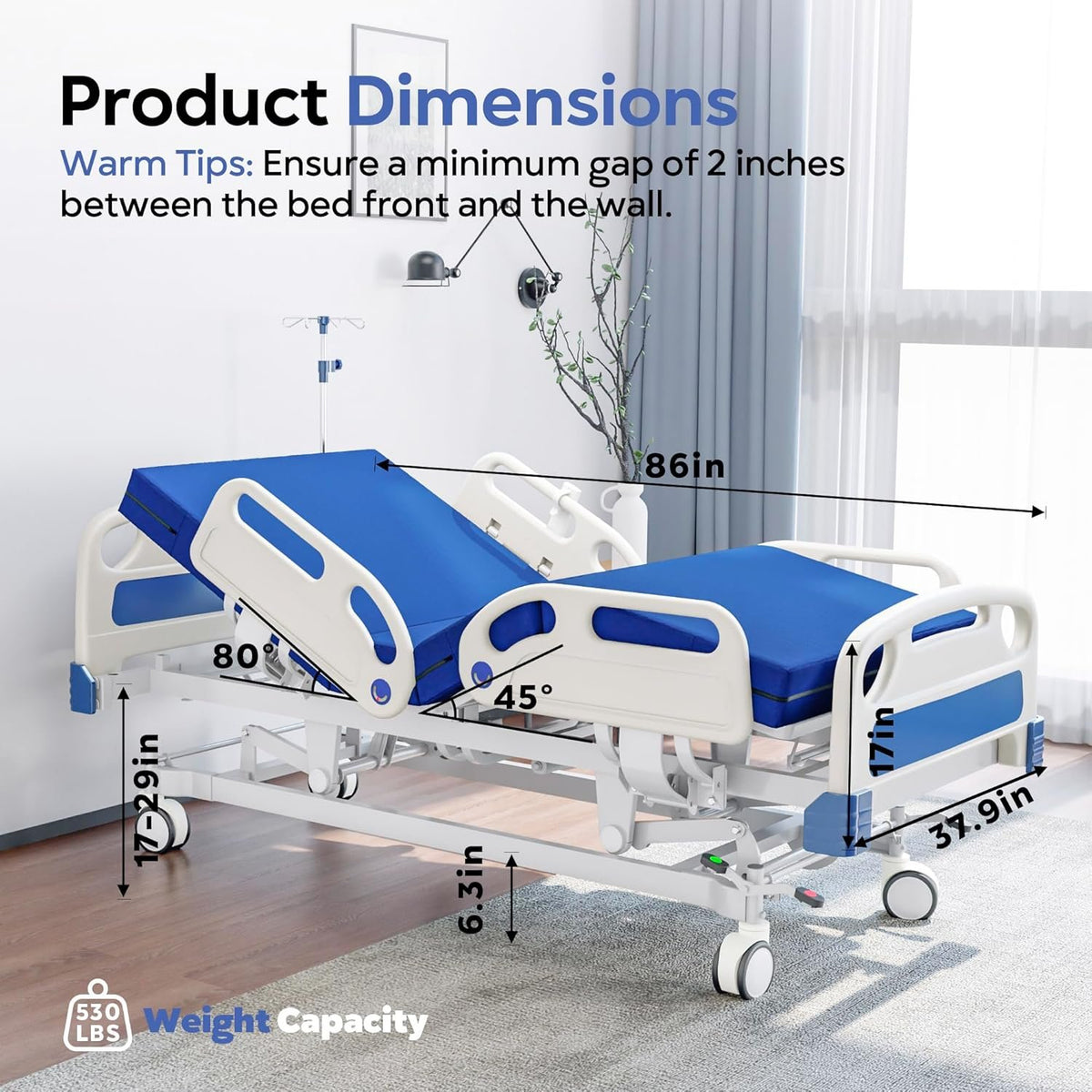 Premium Full Electric Hospital Bed for Home Use, 5 Function Medical Bed with 4.7” Foam Mattress, Height Adjustable, Central Locking System, Includes Sheets (2X)