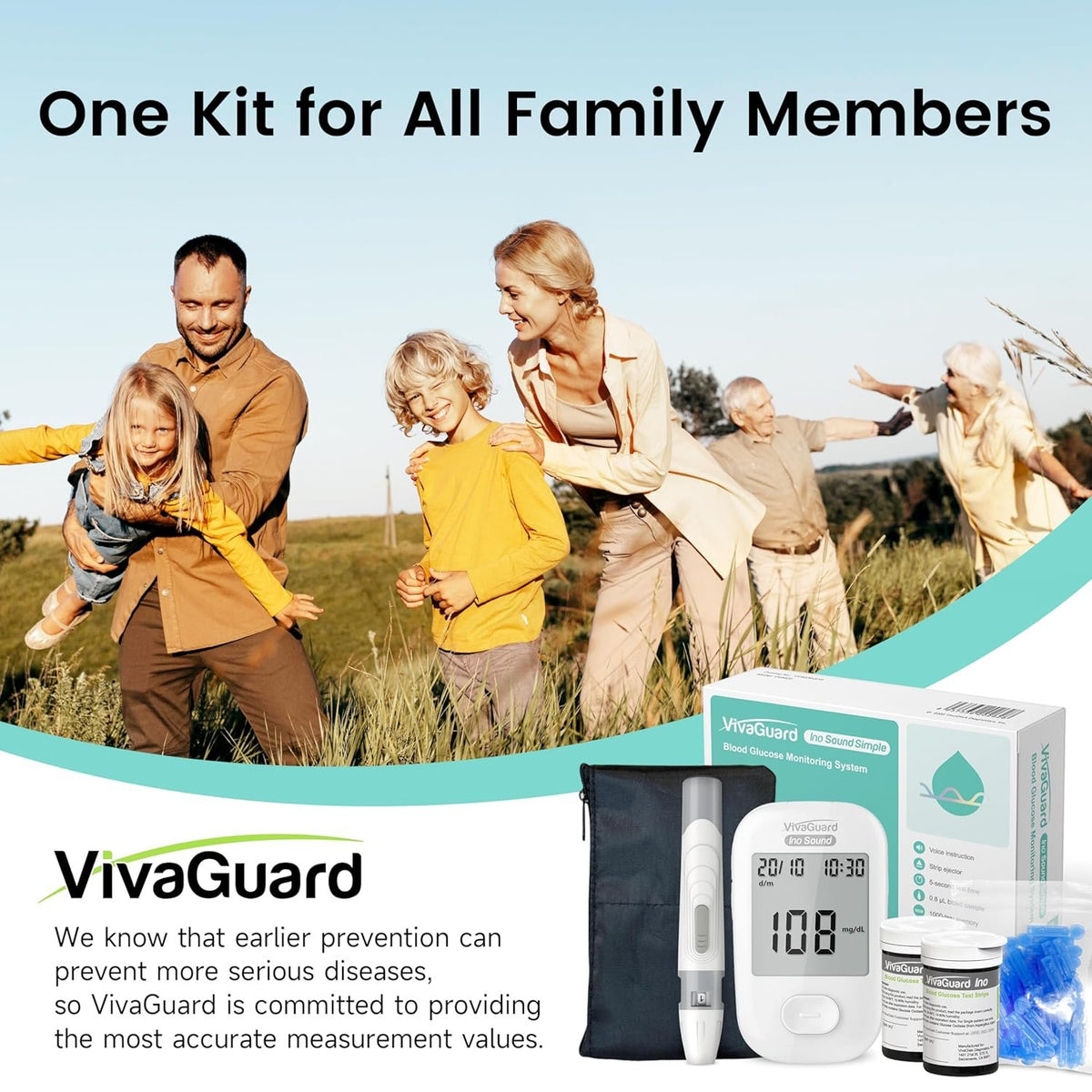 VivaGuard Talking Blood Glucose Monitor Kit, 100 Strips & 100 Lancets | Voice Guidance for Senior and Poor Vision, 1000 Large Memory, No Coding, Large Display,Carrying Case Portable for Travel
