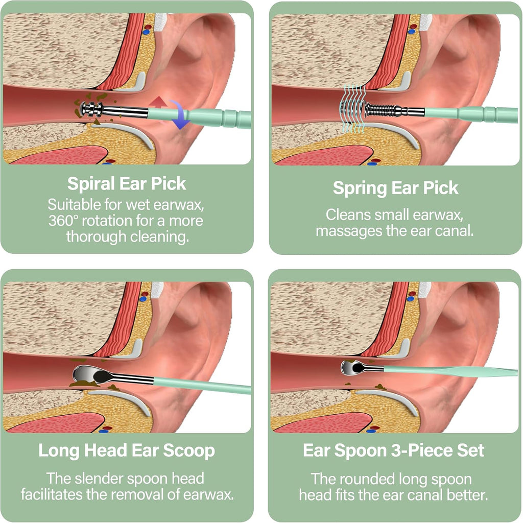 15 Pack Ear Wax Removal Tool Kit with Light - LED Ear Cleaning Kit, Ear Wax Removal for Kids and Adults, Ear Cleaning Tool, Ear Picker Spoon & Ear Tweezers & Spiral Spring Ear Spoon Green