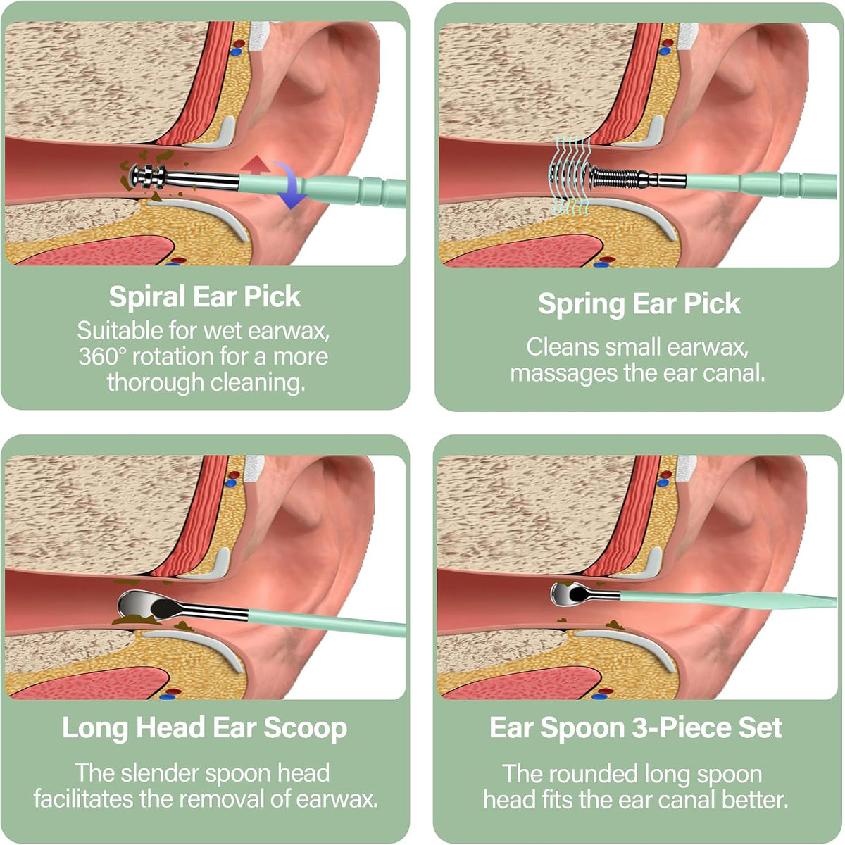 15 Pack Ear Wax Removal Tool Kit with Light - LED Ear Cleaning Kit, Ear Wax Removal for Kids and Adults, Ear Cleaning Tool, Ear Picker Spoon & Ear Tweezers & Spiral Spring Ear Spoon Green