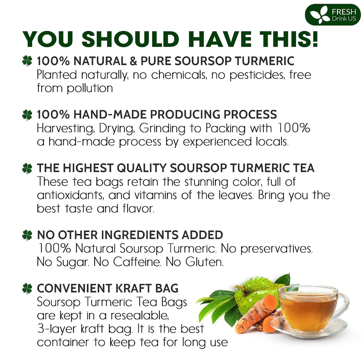 FreshDrinkUS, Premium 60 Soursop Turmeric Tea Bags, 100% Natural, Blend of Soursop Leaves, and Turmeric Root. No Sugar, Vegan.