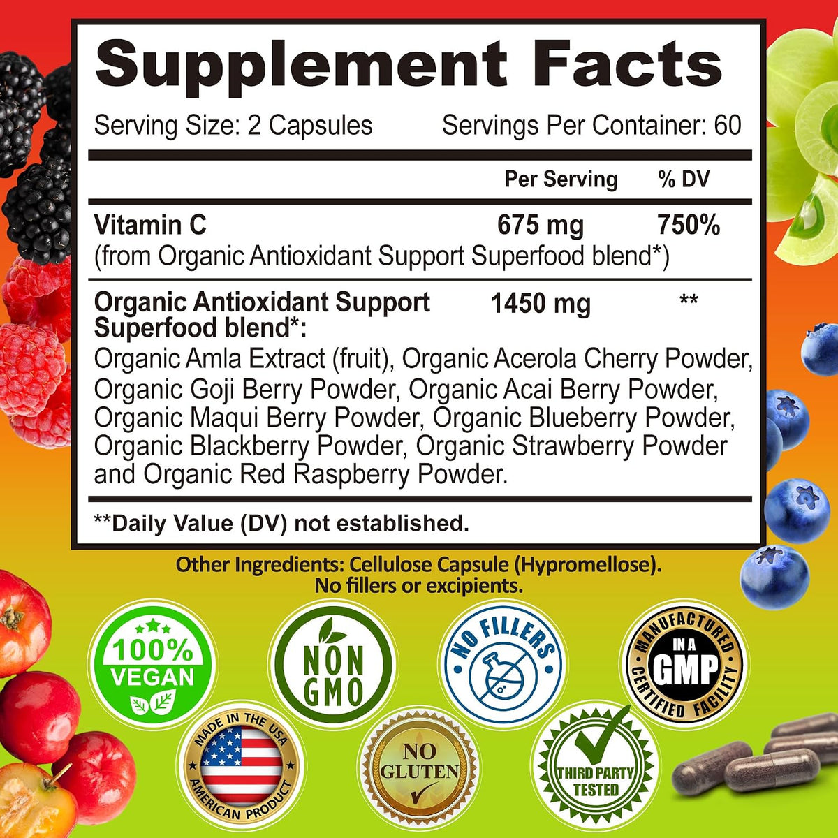 Whole Food Vitamin C Complex - 1450mg Organic Berries - 675 mg Vitamin C per Serving, High-Potency Antioxidant & Immune Support with Acerola, Amla and Natural Bioflavonoids - Vegan, Non-GMO, 120 Count