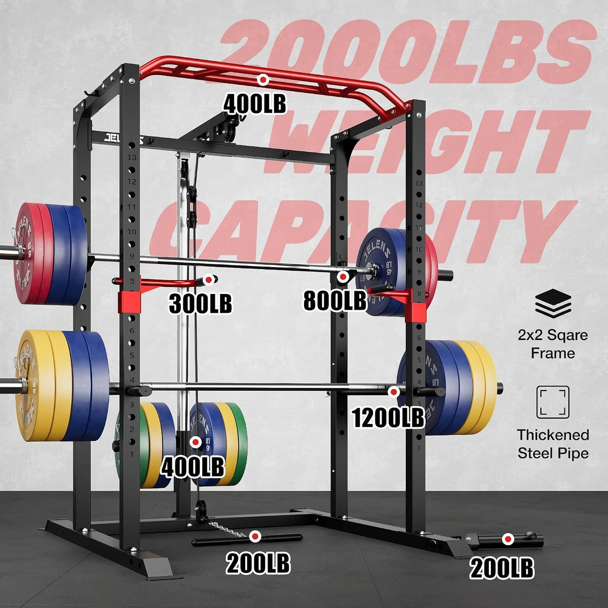 JELENS S11 Power Cage, 2000LB Multi-Function Power Rack with LAT Pulldown, Squat Rack with Adjustable Pulley System and Training Attachments, Weight Rack for Home Gym