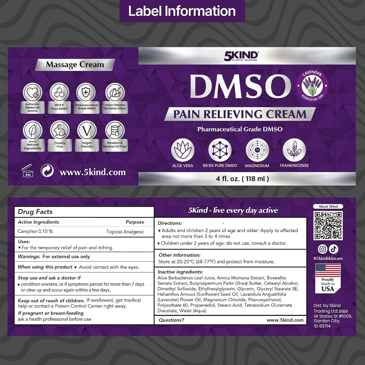 5Kind DMSO Cream for Pain Relief with Frankincense & Lavender 4 fl oz - 99.9% Pure DMSO Pharmaceutical Grade Cream - Aloe Vera, Magnesium & Arnica - Topical Muscle and Joint Pain Relief - Made in USA
