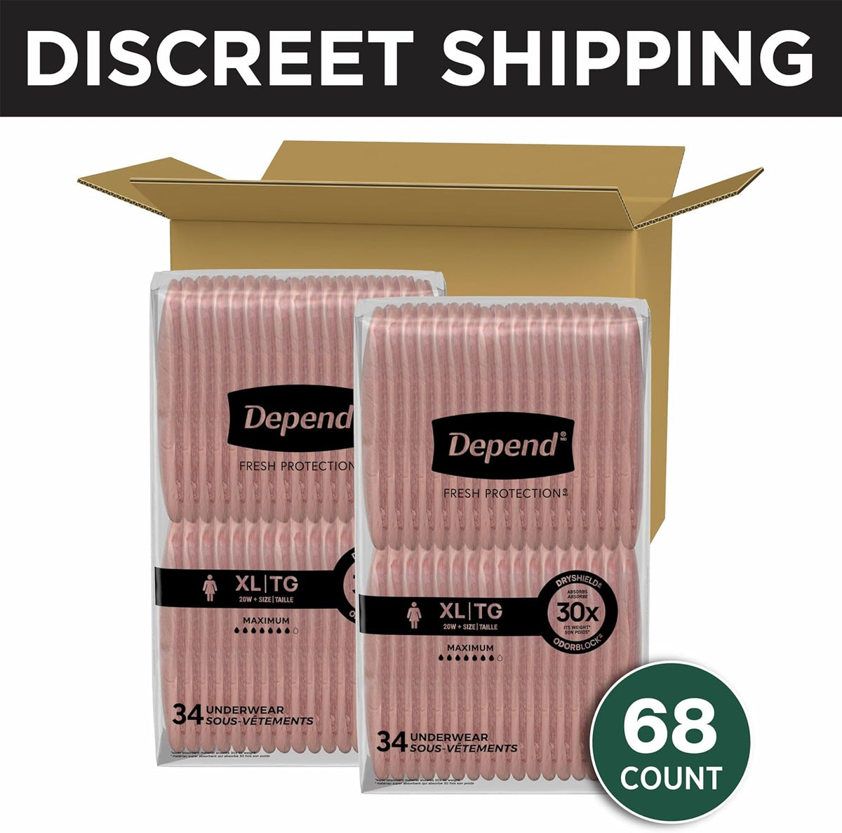 Depend Fresh Protection Adult Diapers, Incontinence & Postpartum Bladder Leak Underwear for Women, Disposable, Maximum, Extra-Large, Blush, 68 Count (2 Packs of 34), Packaging May Vary
