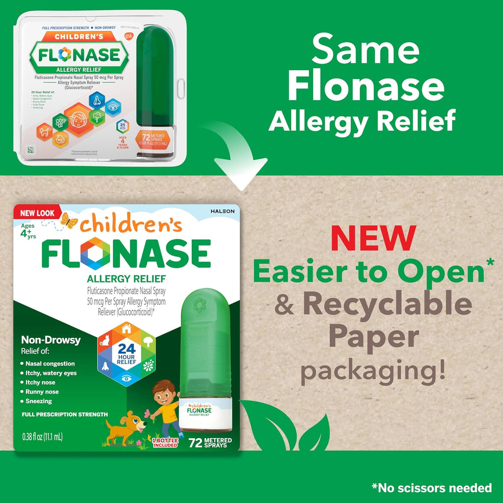Flonase Children’s Allergy Relief Nasal Spray, 72 Sprays | Fluticasone Propionate Nasal Spray, Multi-Symptom Relief, 24-Hour Non-Drowsy Allergy Relief, Full Prescription Strength