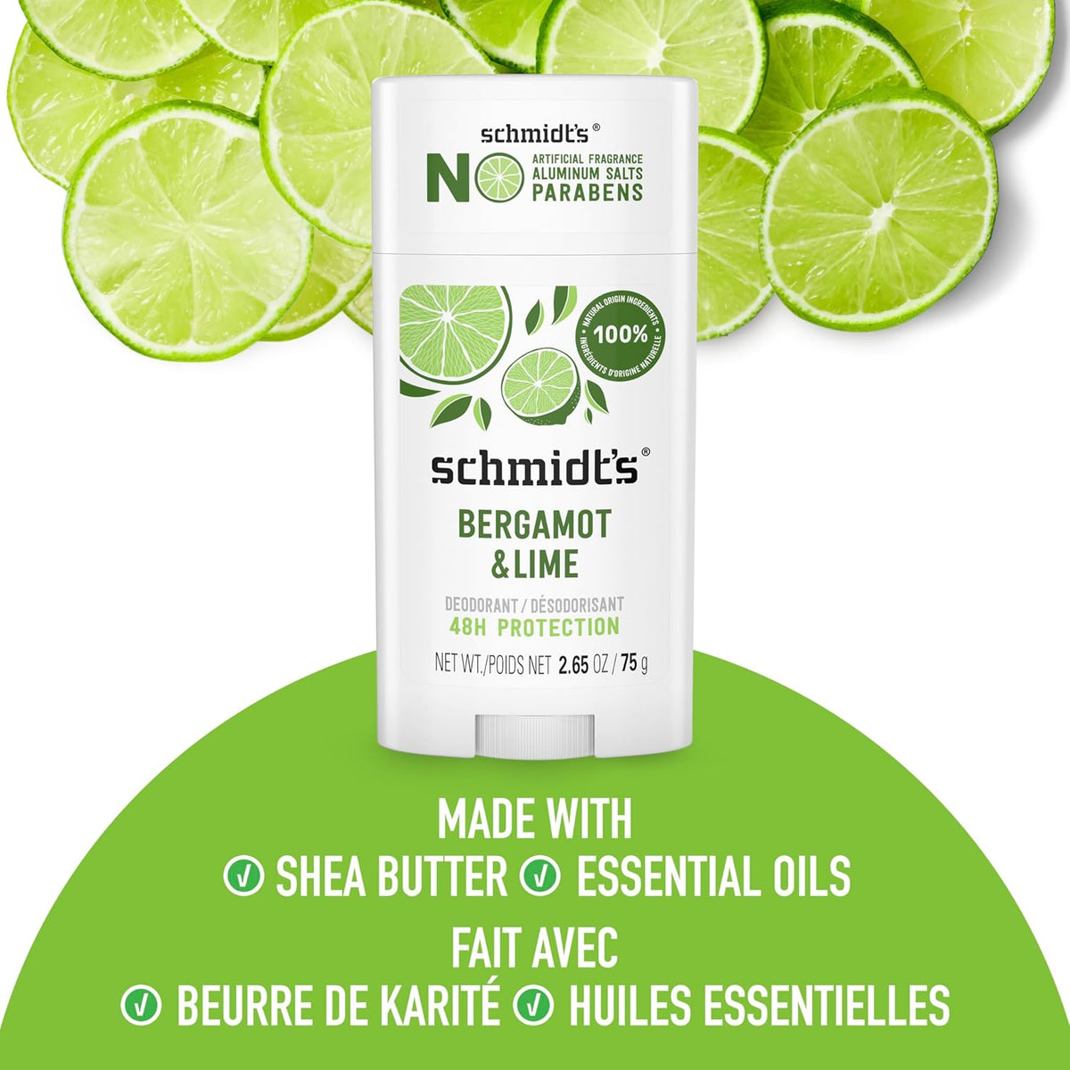 Schmidt's Aluminum-Free Vegan Deodorant Bergamot & Lime for Women and Men, with 24 Hour Odor Protection, Natural Ingredients, Cruelty-Free, 2.65 oz