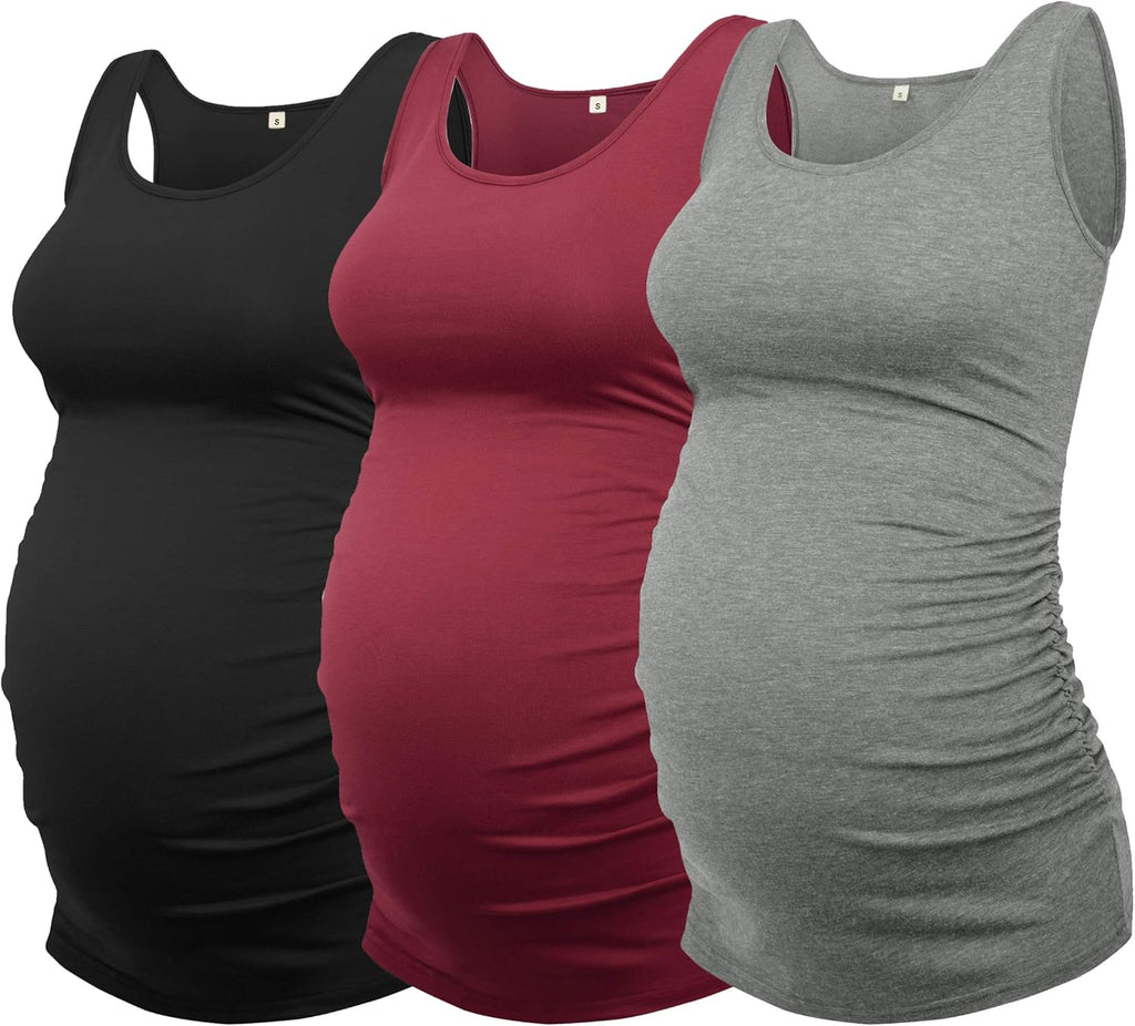 AMPOSH Women's Maternity Tank Top 3 Pack Ruched Side Sleeveless Pregnancy Basic Shirt
