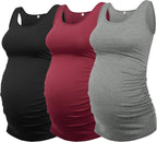AMPOSH Women's Maternity Tank Top 3 Pack Ruched Side Sleeveless Pregnancy Basic Shirt