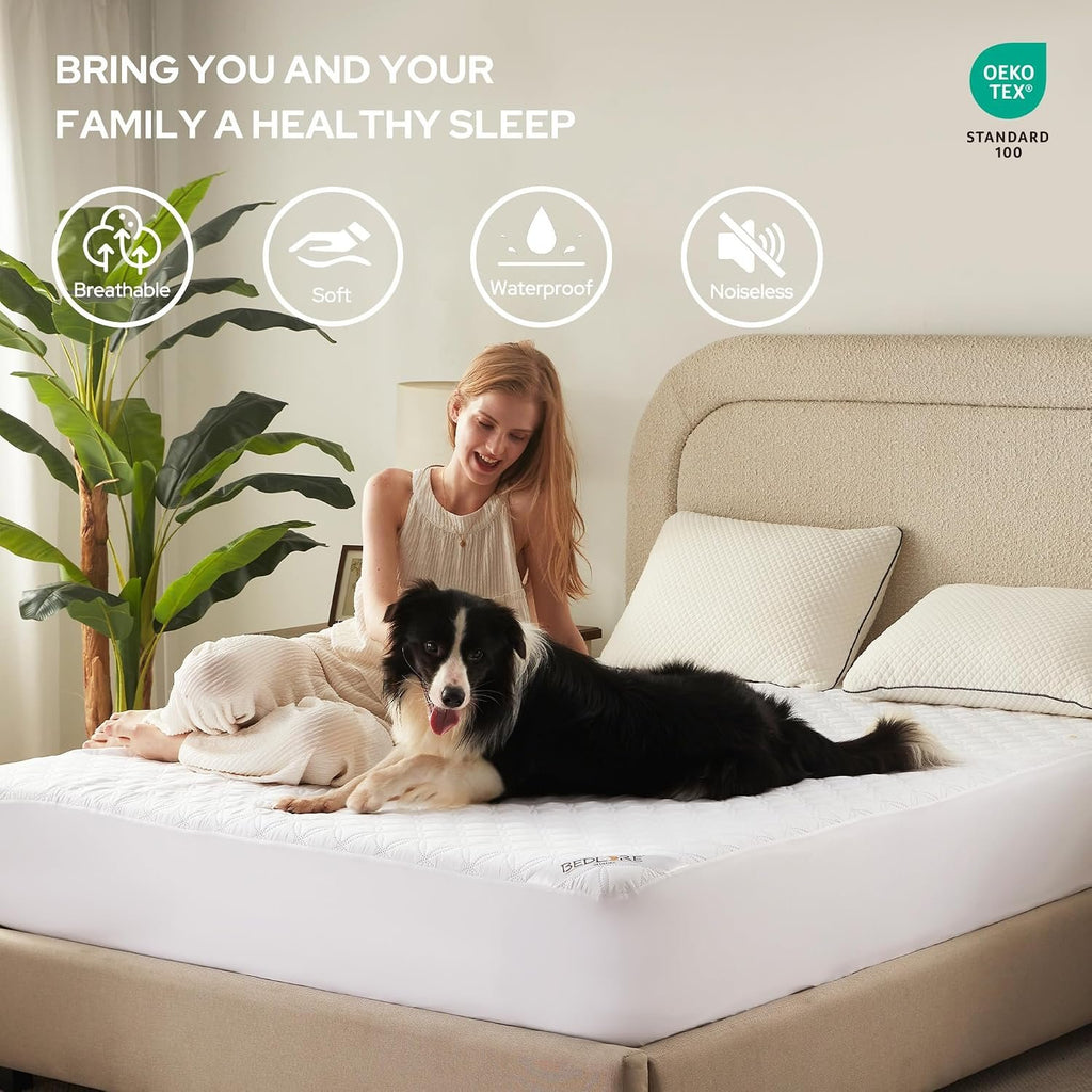 BEDLORE Waterproof Queen Size Mattress Protector, Deep Pocket Fit, Washable | Soft Noiseless Breathable Bed Mattress Cover Pad, Fits 6-18 Inch Deep Mattresses, Ideal for Home, Bedroom, Hotel, White