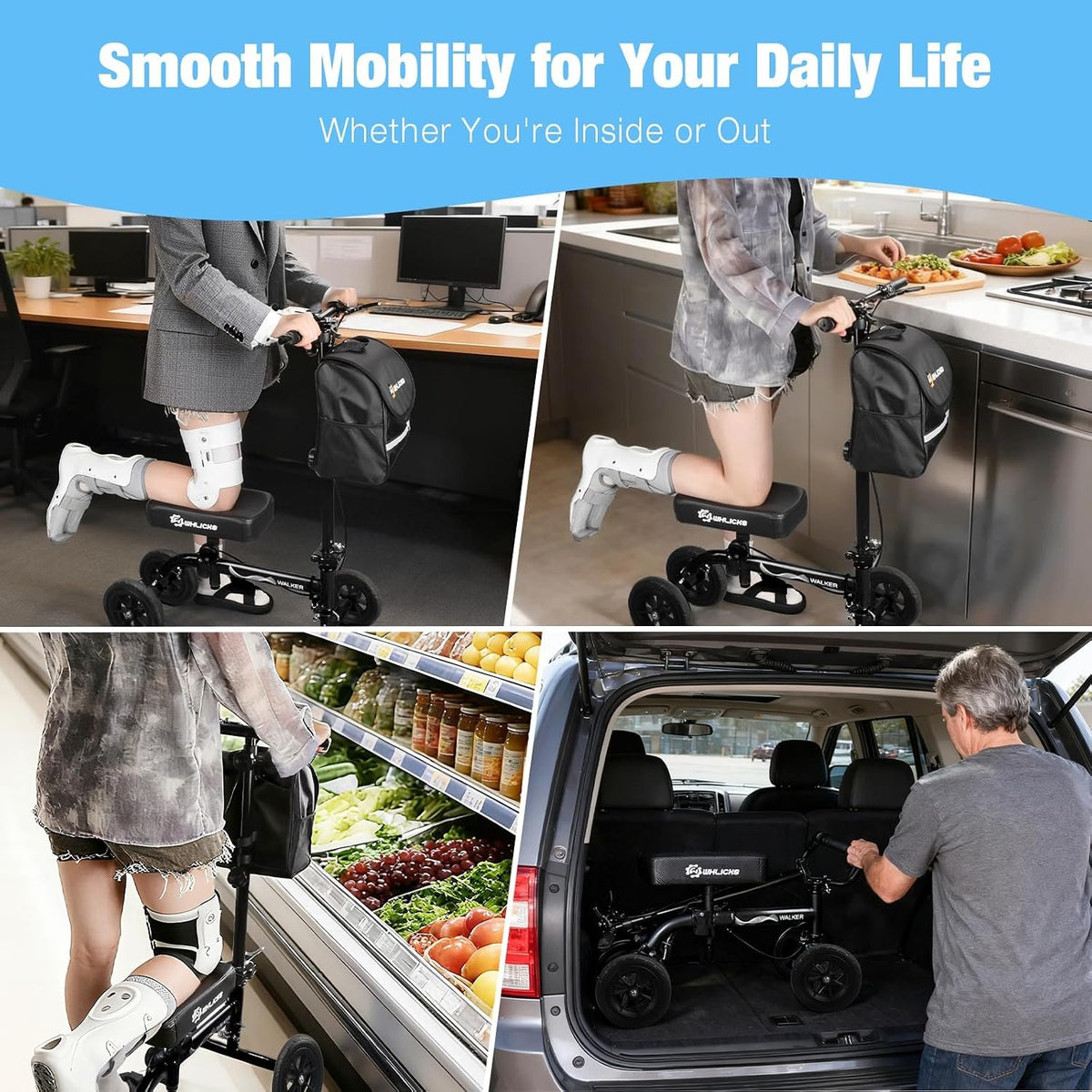 WHLICKS Foldable All Terrain Knee Scooter for Adults for Foot Injuries | Steerable Knee Walker with PU Wheels, Medical Knee Scooter for Broken Foot Injured, Lightweight Leg Scooter for Broken Ankle