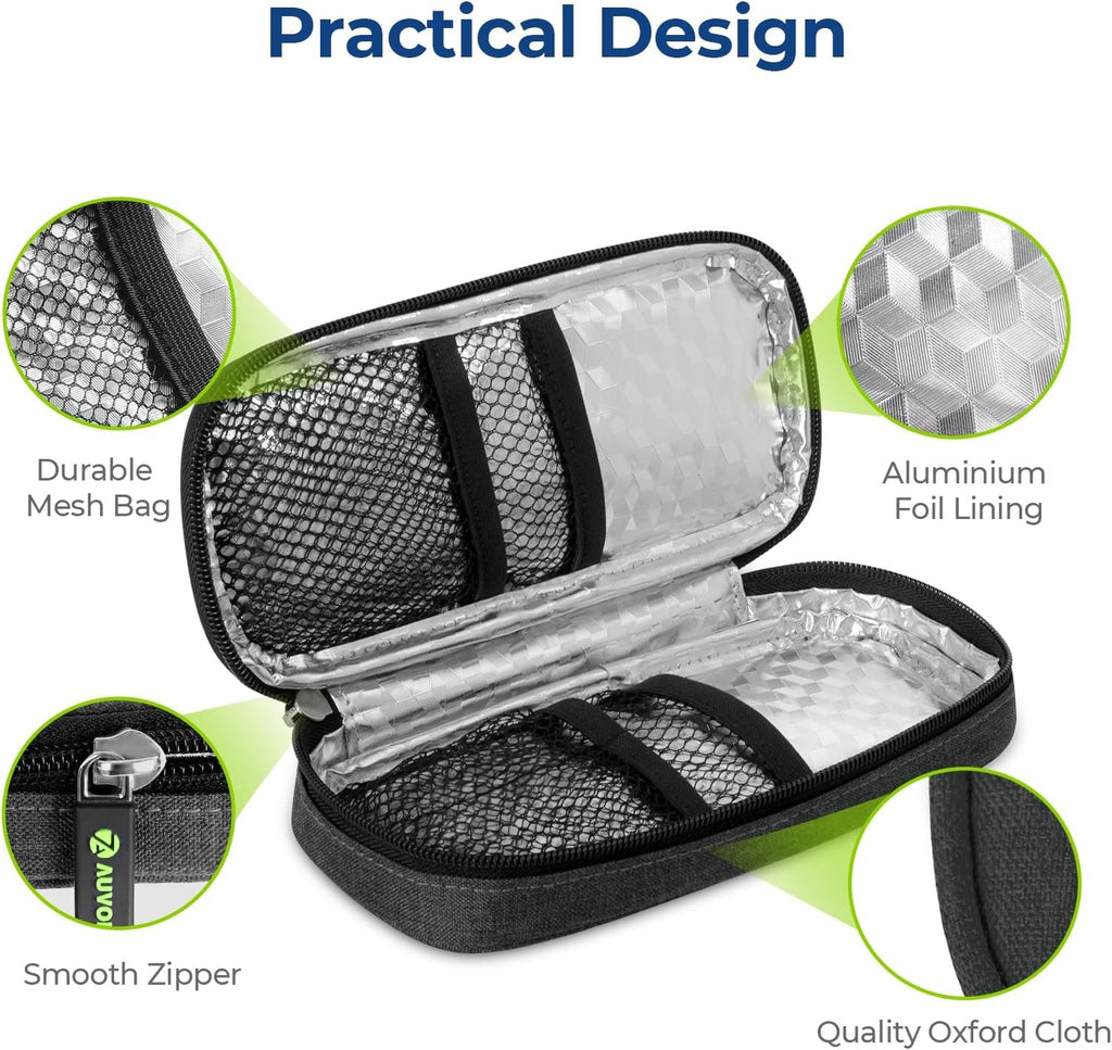 AUVON Insulin Cooler Travel Case, Diabete Care, 2x90g TSA-Approved Ice Pack | Diabetic Medication Cooler for Travel Holds 2-3 Insulin Pens and Diabetic Supplies Storage, Compact for Daily Life and Trips