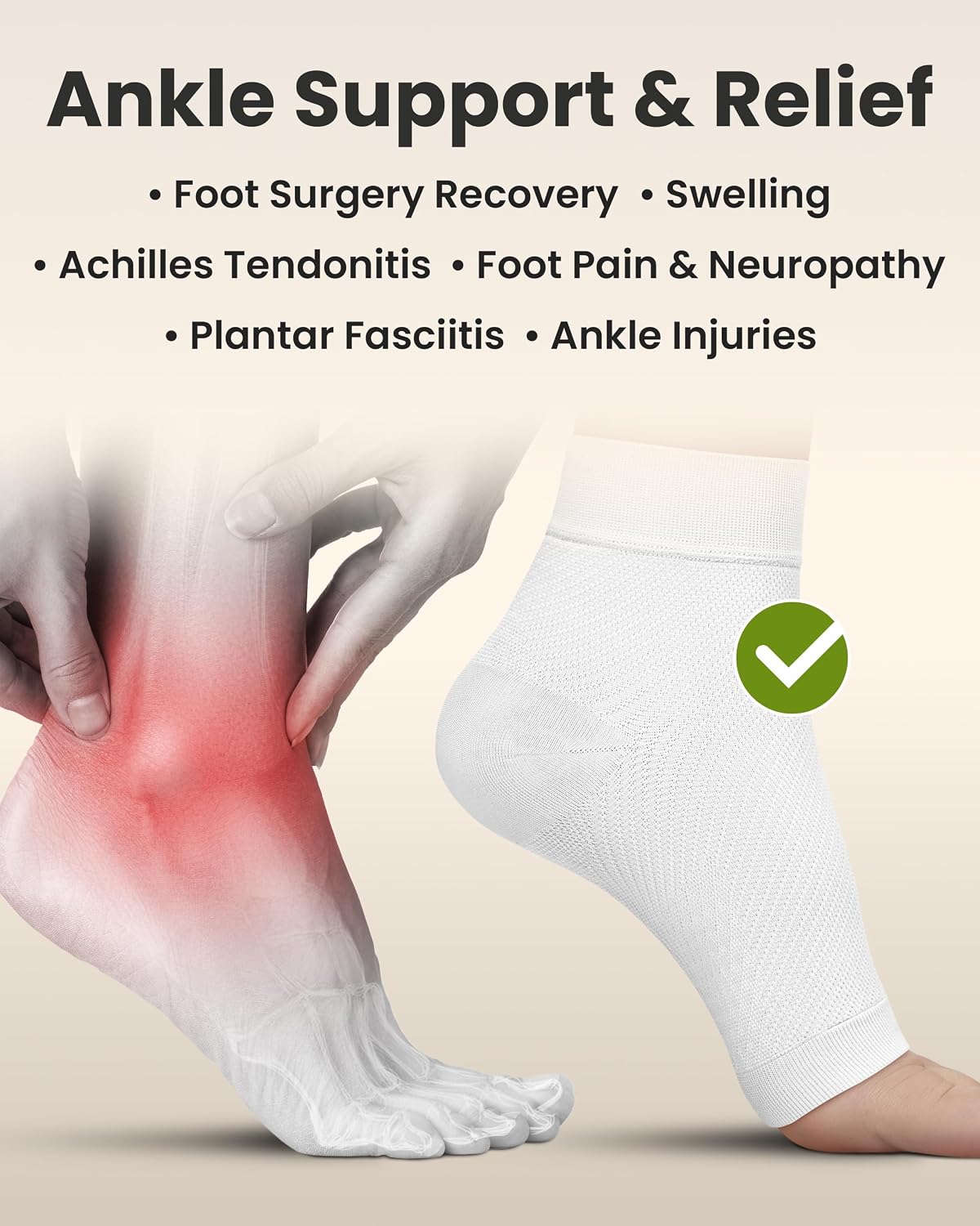 KEMFORD Ankle Compression Sleeve - 1-Pair, Plantar Fasciitis Braces - Open Toe Compression Socks for Swelling, Sprain, Neuropathy, Foot Arch Support for Men and Women - 20-30mmhg, M, White