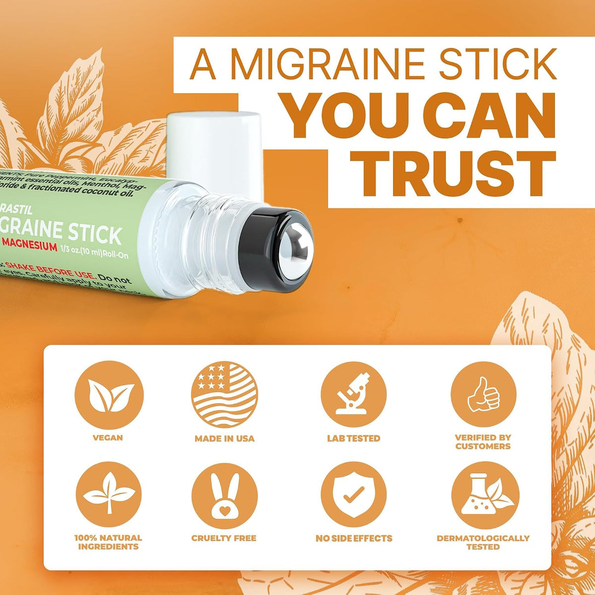 Migraine Stick with Magnesium. Cooling Peppermint Eucalyptus Essential Oil Topical Magnesium for Headache Support. Made in The USA 10 ml