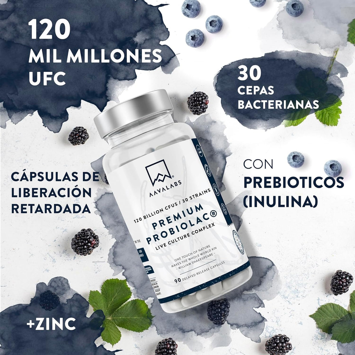 Intestinal Probiotics & Prebiotics - 30x Bacterial Strains - 120 Billion CFU - Intestinal Prebiotics & Probiotics With Zinc - For Women & Men Probiotics - 90 Capsules
