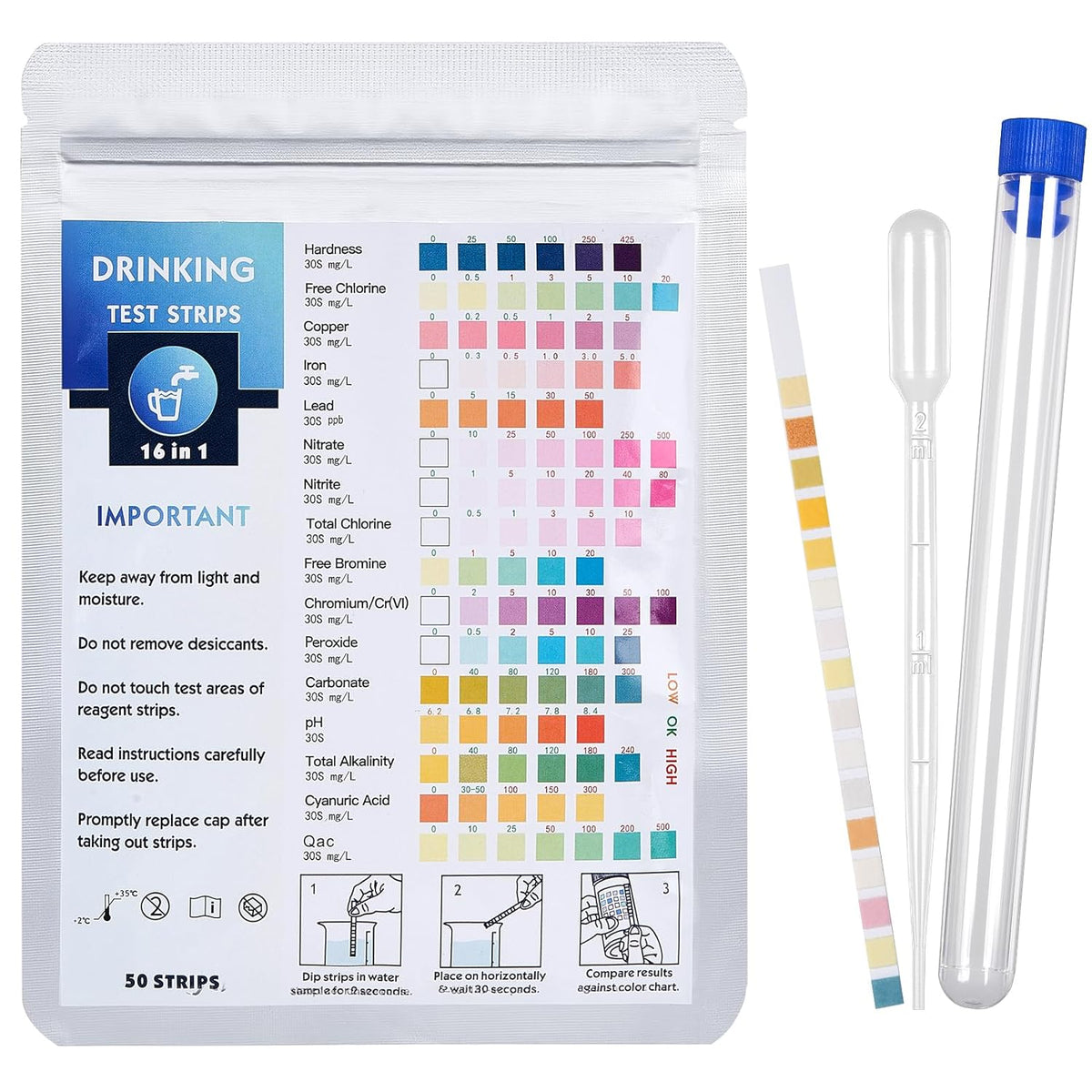 50 Pieces 16 in 1 Drinking Water Test Strips, 50 Tests for Water Quality Drinking Water Tester and 1 Test Tubes Quick Analysis PH Heavy Metals Nitrate Chlorine for Aquarium Tap