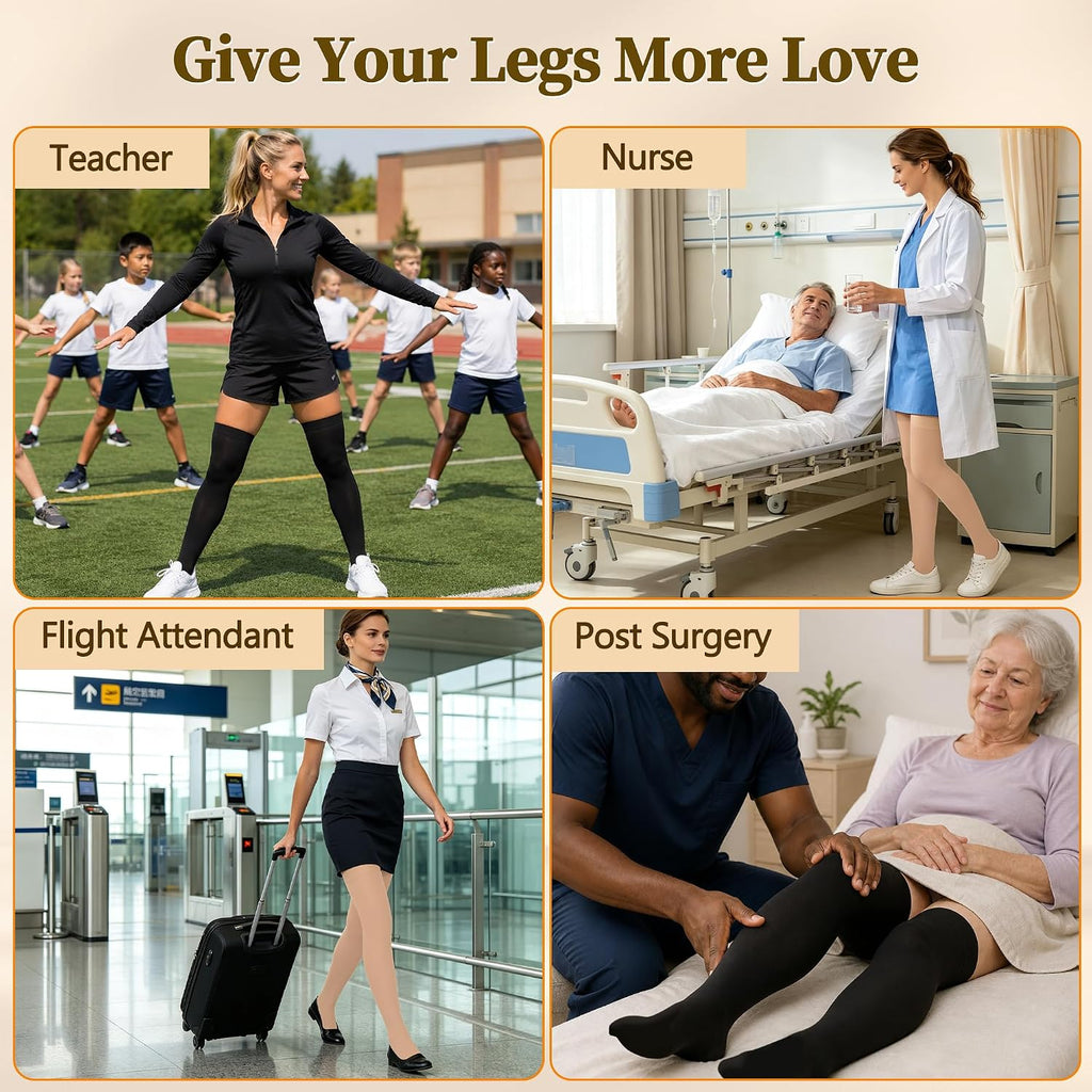 Medical Compression Stockings for Women and Men, 20-30 mmHg Thigh High Compression Socks, Closed Toe Graduated Compression Hoses, Circulation Pressure Stockings for Varicose Veins, Black, L