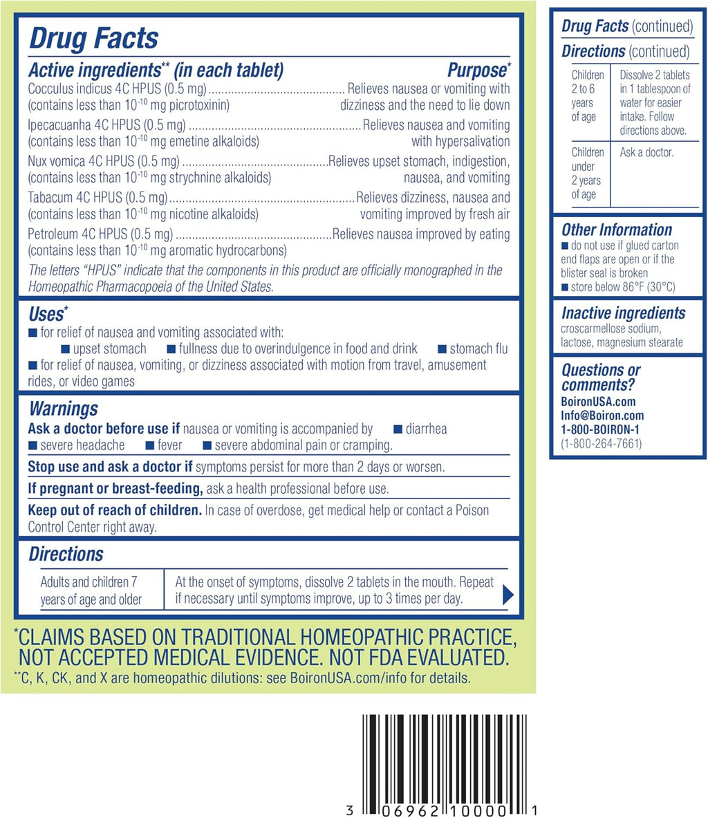 Boiron NauseaCalm Relief for Upset Stomach, Nausea, and Vomiting Due to Stomach Flu, Overindulgence, or Motion Sickness - Non-Drowsy - 120 Count (2 Pack of 60)