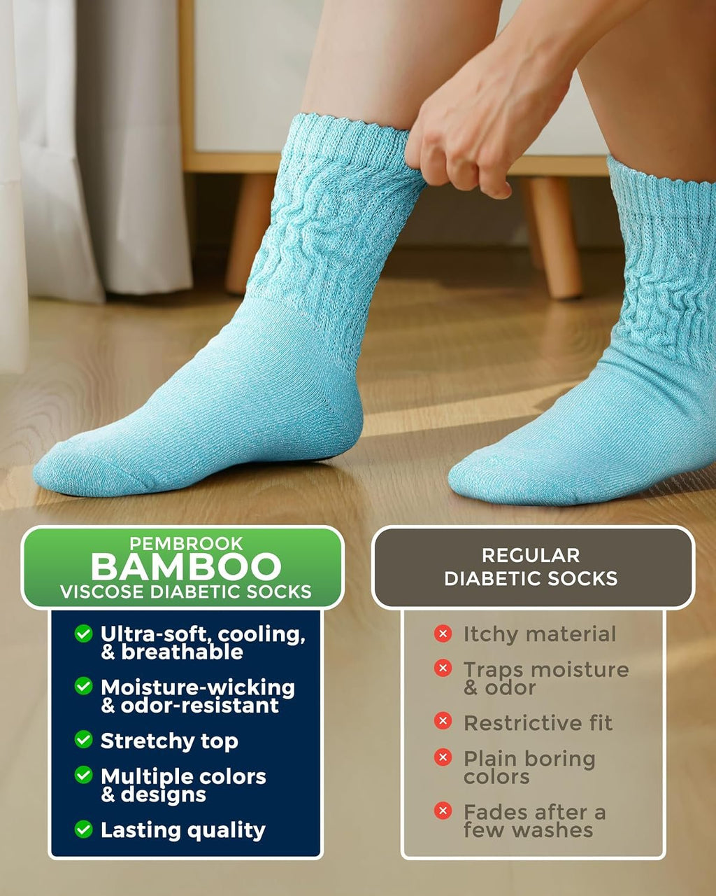 Pembrook® Diabetic Socks for Women 6 Pairs Bamboo Viscose Non-Binding Neuropathy Moisture-Wicking Circulation Support