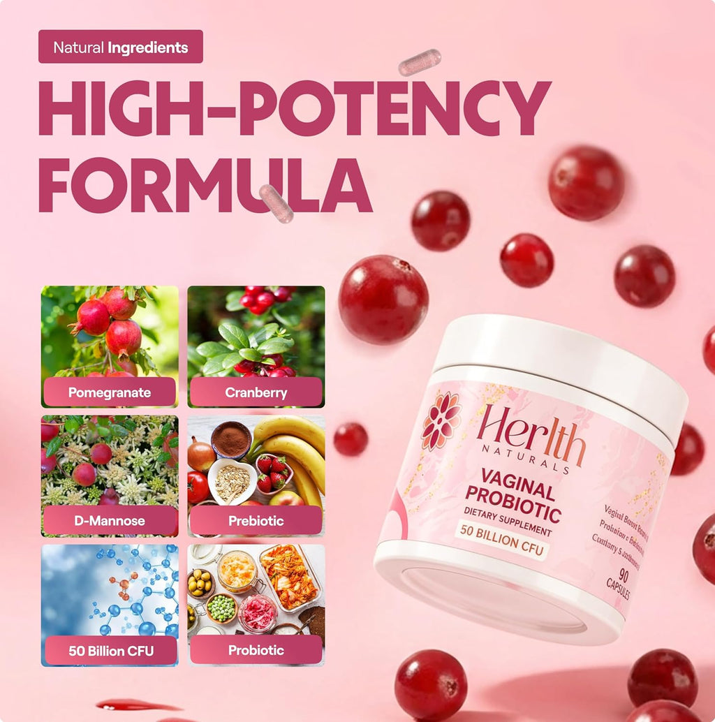 Vaginal Probiotics for Women – pH Balance & Vaginal Flora Support – Women’s Synbiotic with Probiotics & Prebiotics, Lactobacillus Blend & Cranberry – 90 Capsules