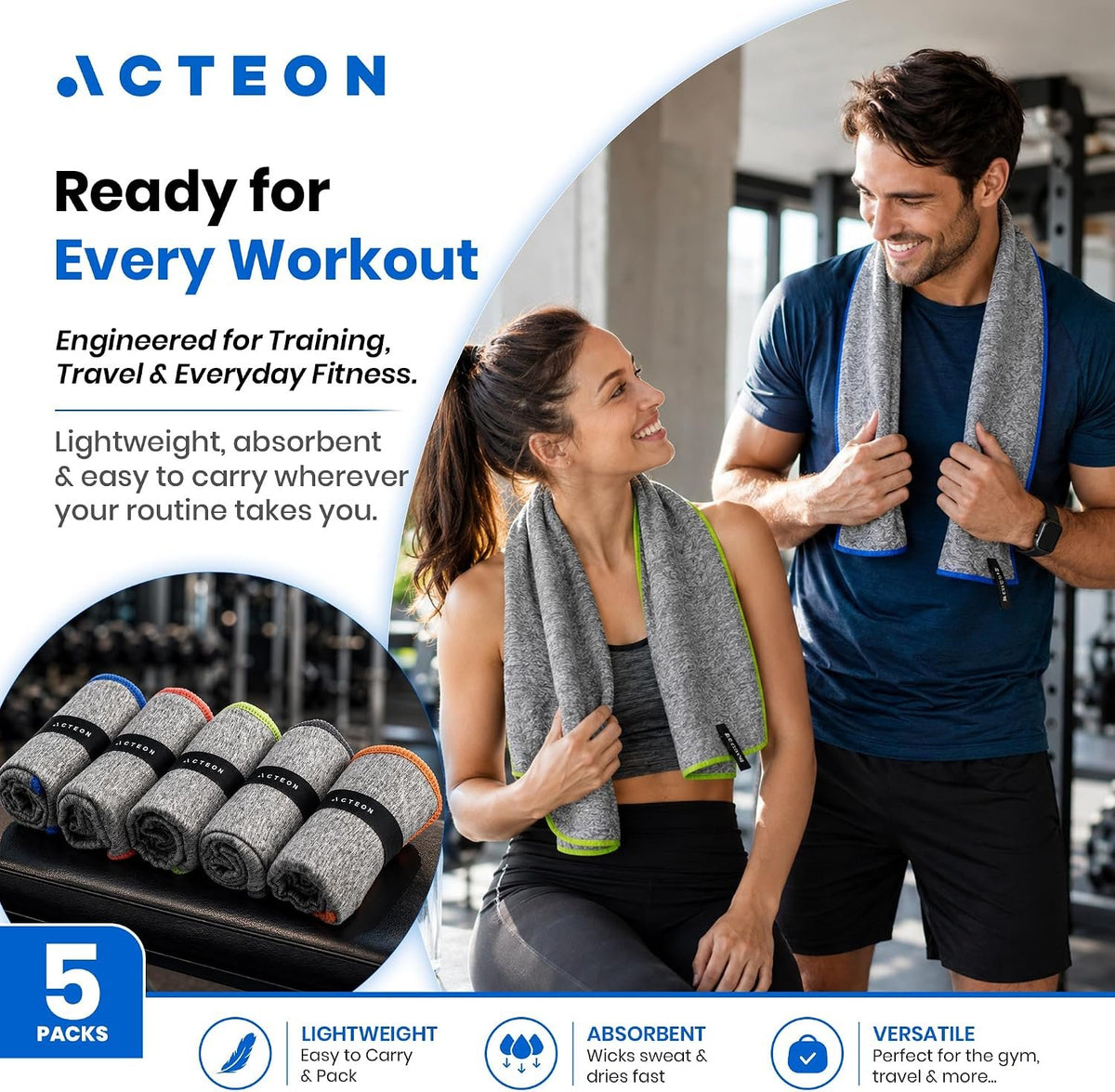 Acteon Microfiber Gym Towels 5 Pack, Quick Dry Silver ION Odor-Free Sweat Towel, Super Absorbent Fast Drying for Men & Women, Workout, Yoga, Running, Hiking, Travel – 16x30.5 Inch