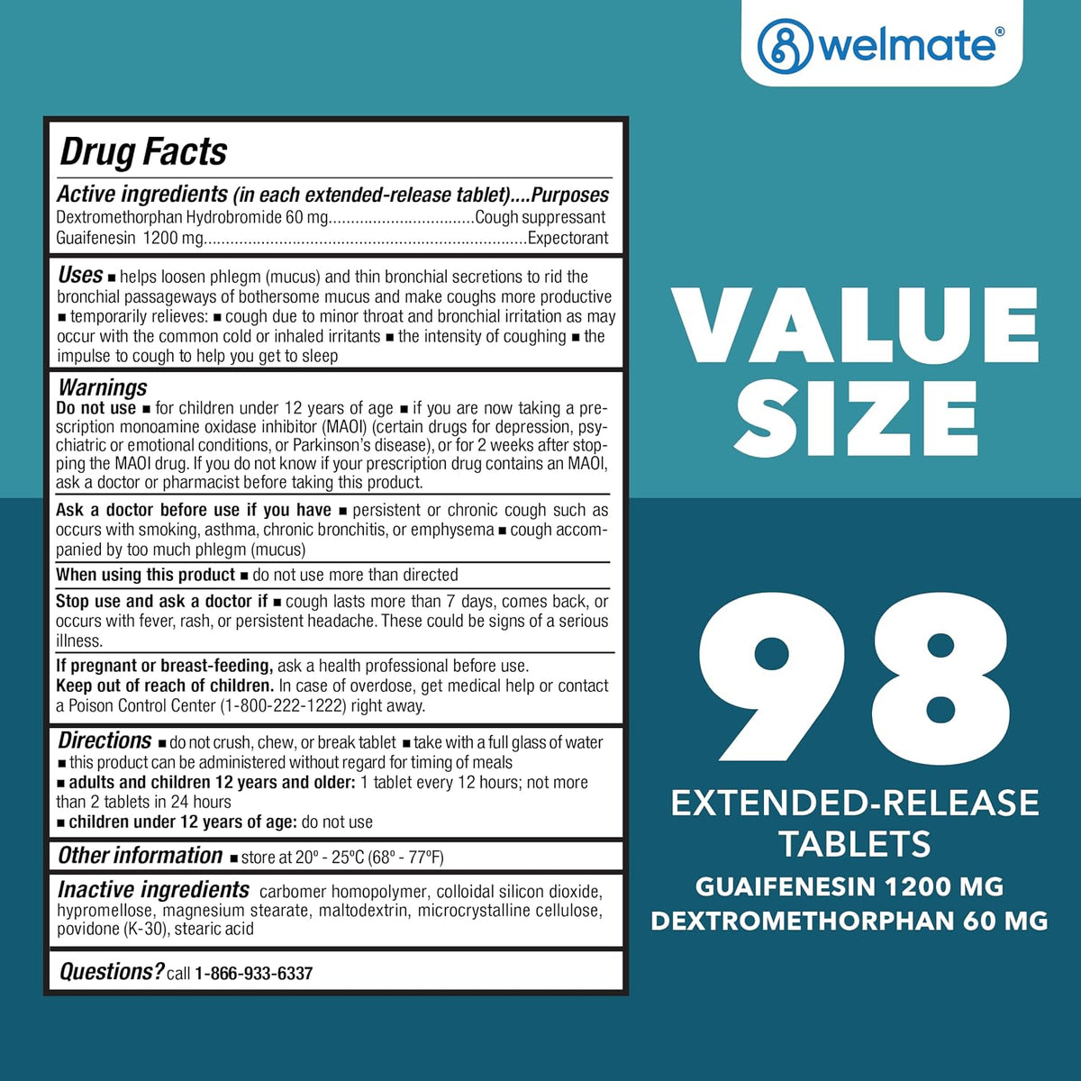 WELMATE Max Strength 12Hr Mucus Relief DM Cough Suppressant, 98 Tablets