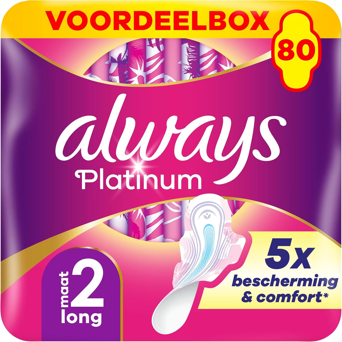 Always Platinum Hygienic Towels, Size 2, Long, 80 Napkins with Fins, Moderate Day Flow, Eco Format, Soft and Flexible, Super Absorbent and Ultra-Thin