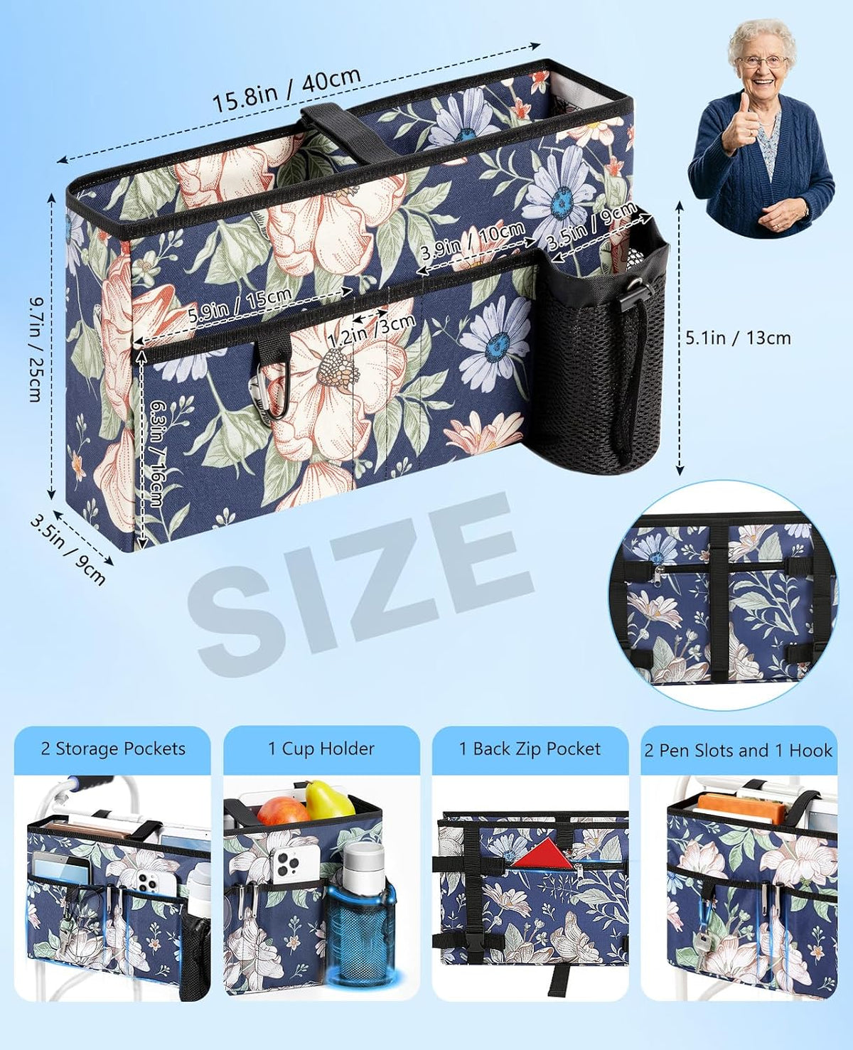 Rhino Valley Walker Bags for Folding Walker Accessories for Seniors,Cosmos | Secure Fit Walker Basket with Cup Holder, Large Capacity Foldable Detachable Folding Walker Pouch Organizer for Elderly Gifts