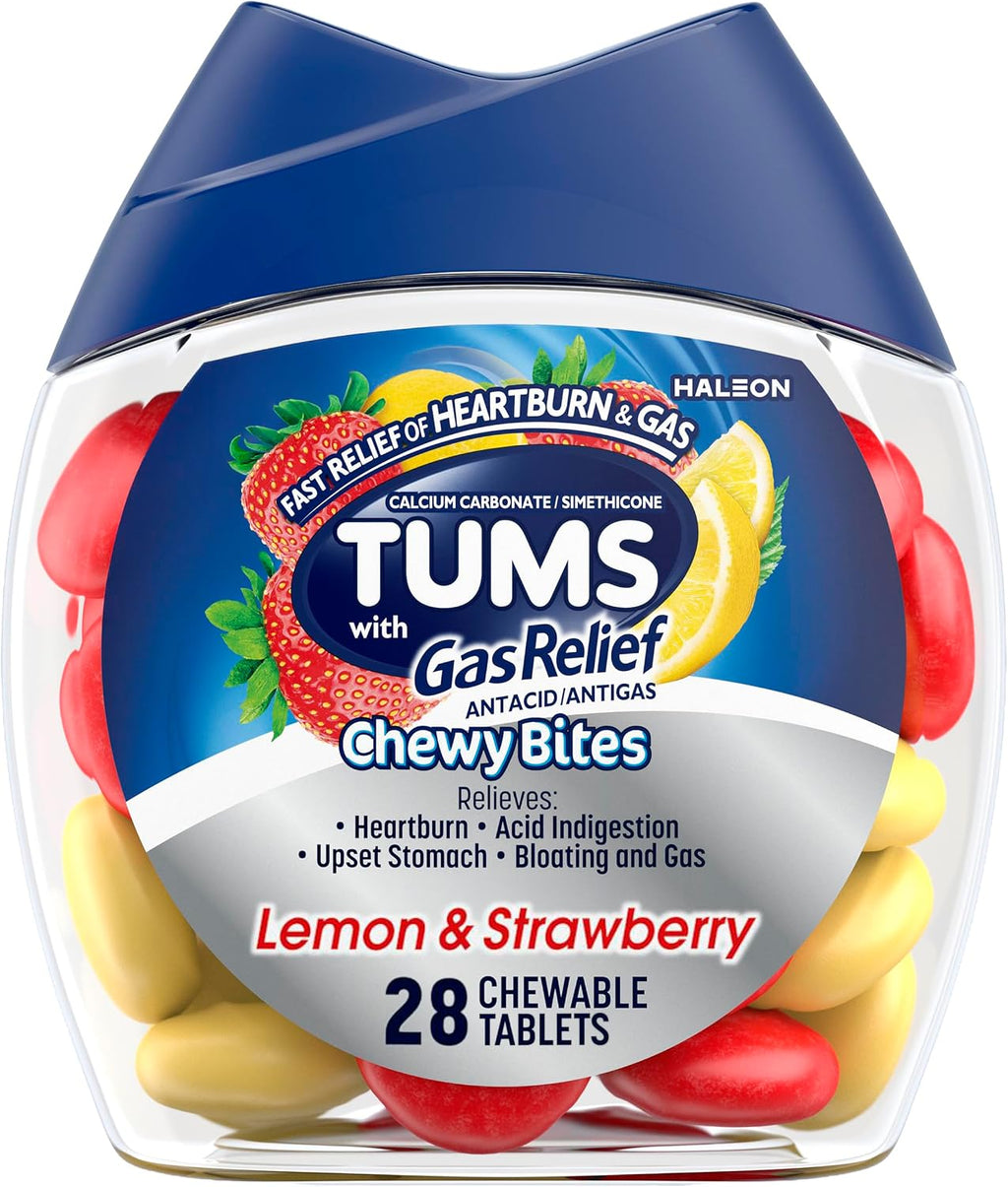 TUMS Chewy Bites Antacid Tablets, Lemon and Strawberry, 28 Count | Ultra Strength Formula, Neutralizes Acid Instantly for Indigestion and Upset Stomach, Multi-Symptom Relief, Gluten Free