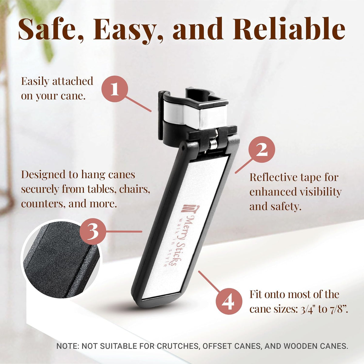 Walking Cane Holder, Smart Reflective Cane Holder Clip for Table, Walking Stick Accessories for Senior, Portable, Foldable, and Convenient