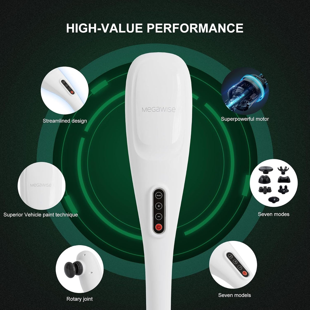 MEGAWISE Cordless Handheld Back Massager, 5 Speeds, 3200mAh, Off-White