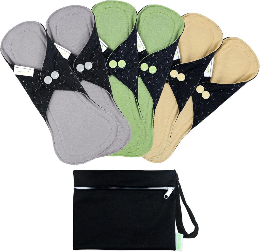 6 PCs Reusable Menstrual Pads, Ultra Absorbent Cotton Cloth Pads for Light / Heavy Flow,Cotton Sanitary Pads for Teens, Women, Nonslip Panty Liners + 1 pc Wet Bag (Mustard Yellow, Grey, Beige, M)