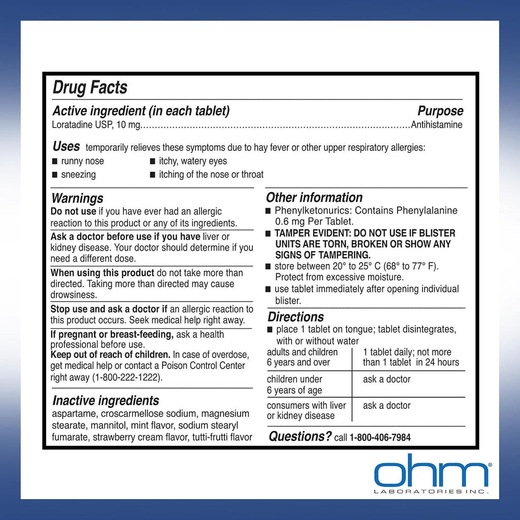 Ohm Allergy Pills - Loratadine Allergy 24 Hour Non Drowsy Relief for Seasonal Allergies, Sneezing - Loratadine 10 mg Antihistamine for Effective Non-Drowsy 24-Hour Symptom Relief - 100 Count