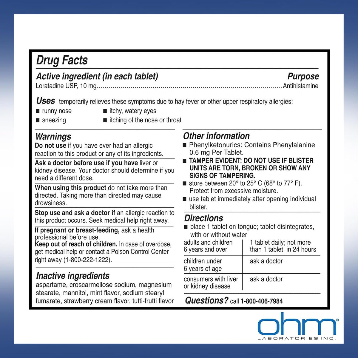 Ohm Allergy Pills - Loratadine Allergy 24 Hour Non Drowsy Relief for Seasonal Allergies, Sneezing - Loratadine 10 mg Antihistamine for Effective Non-Drowsy 24-Hour Symptom Relief - 100 Count