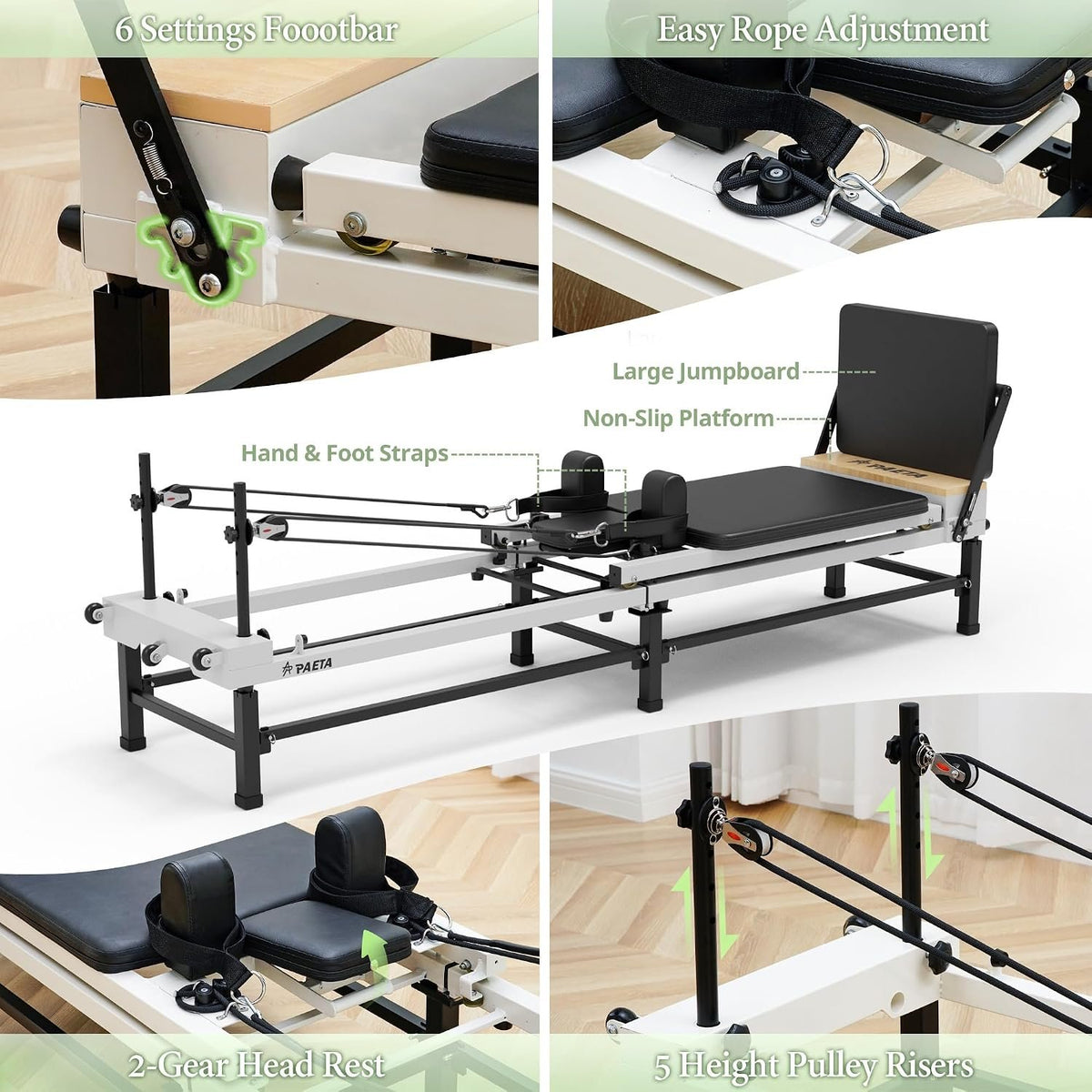 PAETA Pilates Reformer, 86" Foldable Reformer Pilates Machine with Adjustable Reformer Heights, Pilates Equipment with Music Wire Spings and Jump Boards