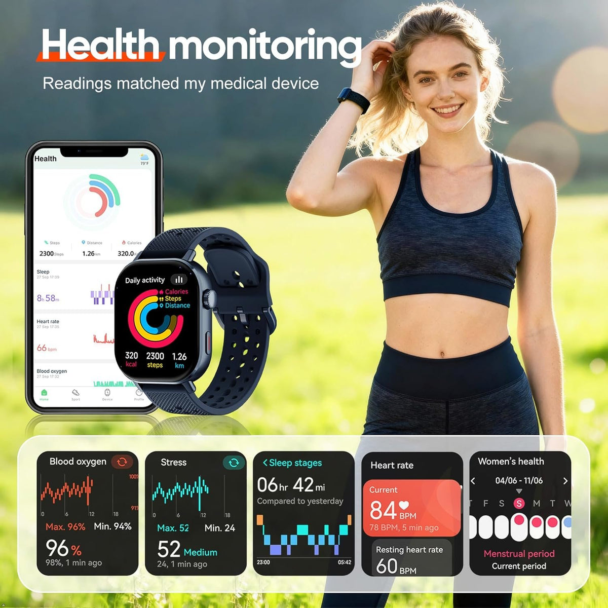 2026 Distance & Pace GPS Running Watch for Runners - Call & Text, AMOLED Large Screen, 50m Waterproof Swimming, Calorie & Step Counter, 2 Bands, Long Battery, for Seniors Men Women（Blue）