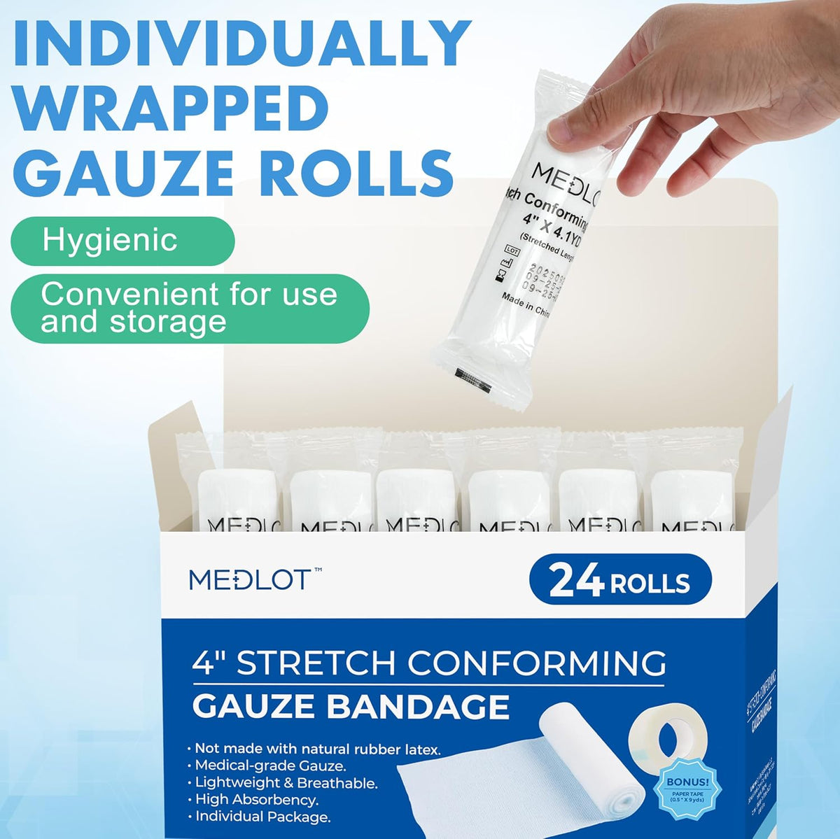 LotFancy Gauze Rolls, 4 Inch x 4.1 Yards, Conforming Stretch Gauze Bandage