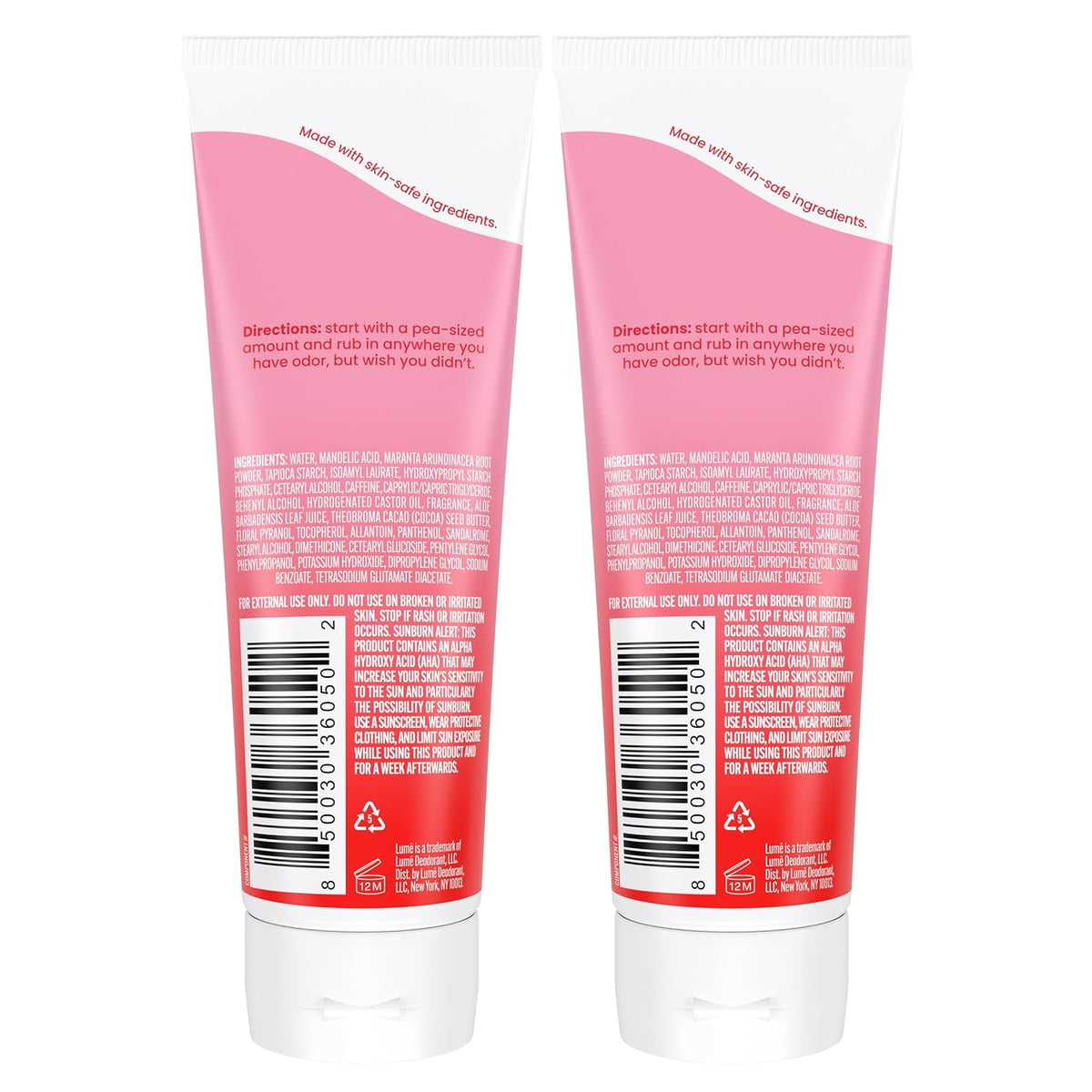 Lume Whole Body Deodorant - Cream Tube - 3 oz, 2 pk (Peony Rose) | 72 Hour Odor Control Aluminum Free Baking Soda Skin Safe deodorant lotion women full body