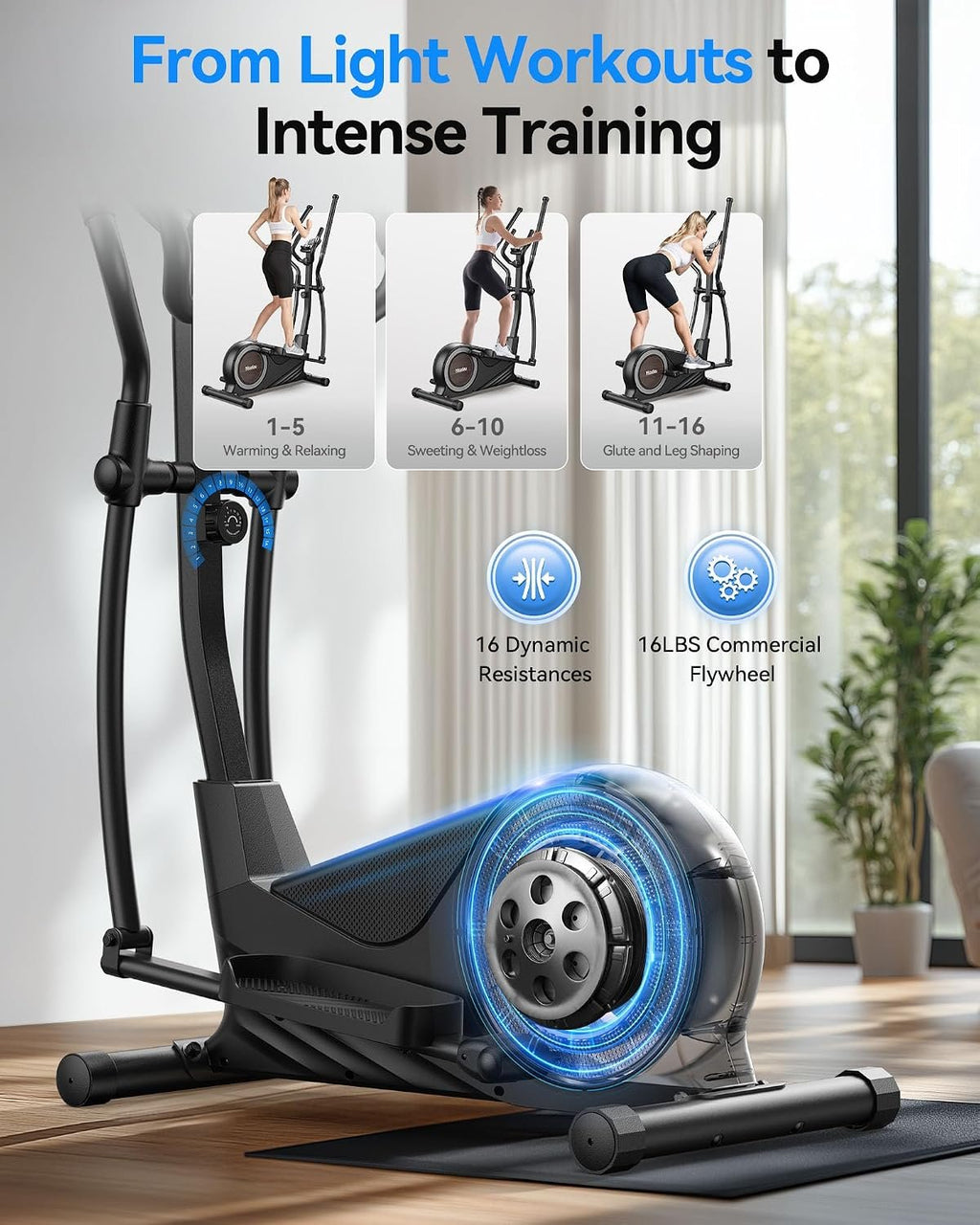 Niceday Elliptical Exercise Machine with 15.5/18/19IN Long Stride | Compact Elliptical Machine for Home Use, 16 Resistance Levels; 400LBS Stable Loading Capacity; Kinomap APP Support