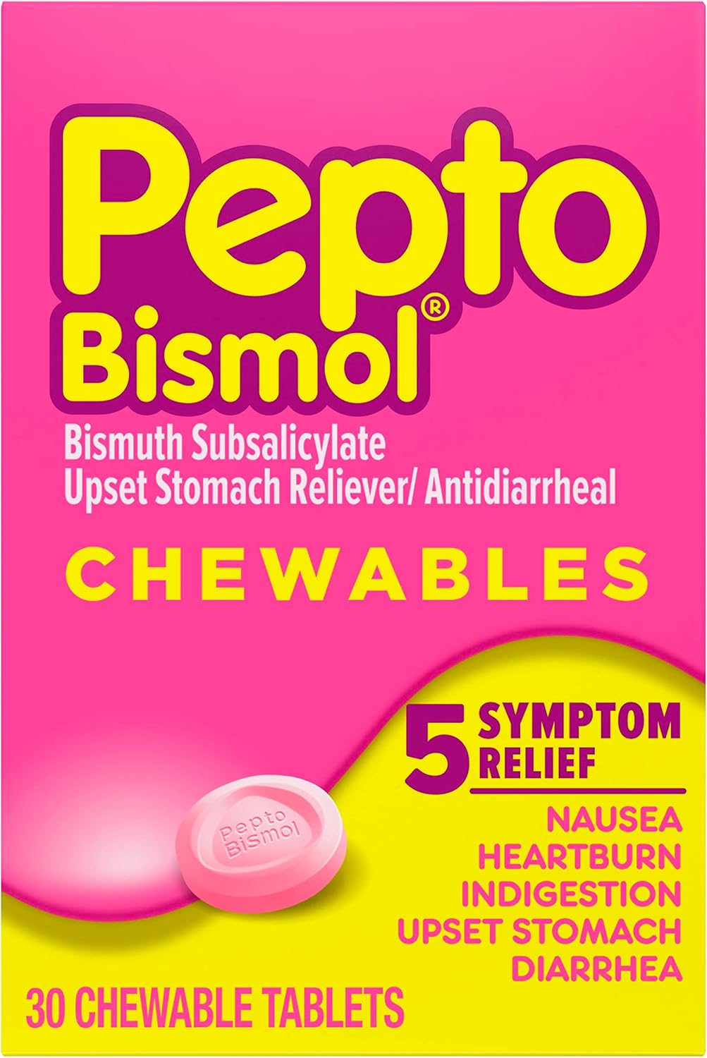 Pepto Bismol Chewable Tablets, Upset Stomach Relief, Nausea Relief, Heartburn Relief, Indigestion Relief, Anti Diarrhea Medication for Adults - 5 Symptom Relief, 90 Chewable Tablets (3x30 ct)