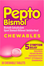 Pepto Bismol Chewable Tablets, Upset Stomach Relief, Nausea Relief, Heartburn Relief, Indigestion Relief, Anti Diarrhea Medication for Adults - 5 Symptom Relief, 90 Chewable Tablets (3x30 ct)