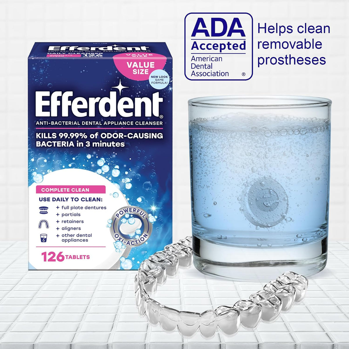 Efferdent Denture Cleaner Tablets, Complete Clean, 126 Count | Retainer Cleaner, Use Daily To Clean Dental Appliances, Full Plate Dentures, Aligners & Mouth Guards