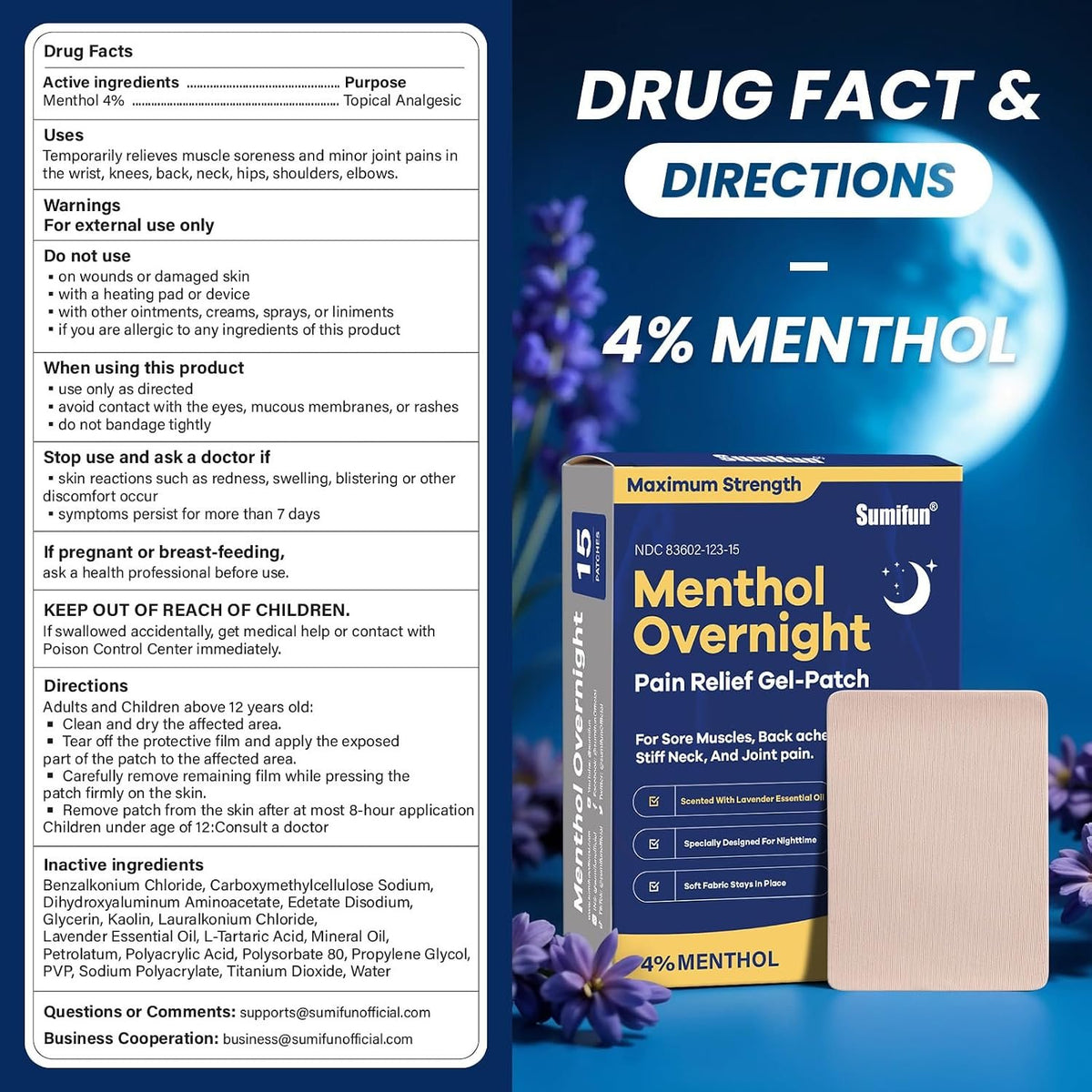 Sumifun Overnight Pain Relief Patches - Cold Hot Pain Patch with Lavender Scent - Menthol Pain Reliver for Knee & Lower Back Pain Relief Sore Muscle Relief (15 Counts(Pack of 1), Lavender)