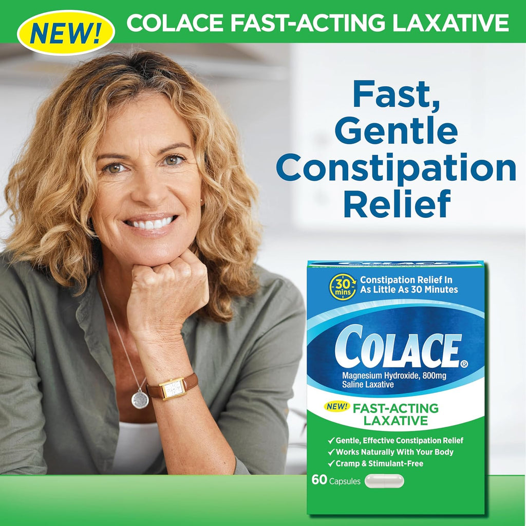 Colace Saline Laxative, Fast Acting Constipation Relief for Adults, 60 Ct | Gentle Magnesium Hydroxide Formula, Non-Stimulant Laxative, Severe Constipation Relief