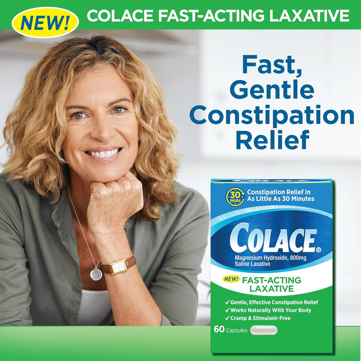 Colace Saline Laxative, Fast Acting Constipation Relief for Adults, 60 Ct | Gentle Magnesium Hydroxide Formula, Non-Stimulant Laxative, Severe Constipation Relief