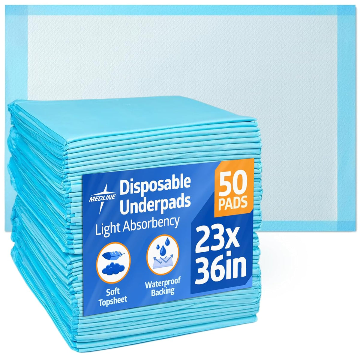 Medline Light Absorbency Underpad, 23" x 36", 50 Count, Disposable Bed, Furniture & Surface Protection, For Kids, Adults, Elderly, Puppy Pad, Changing Pad, Incontinence Pee Pad, Chucks