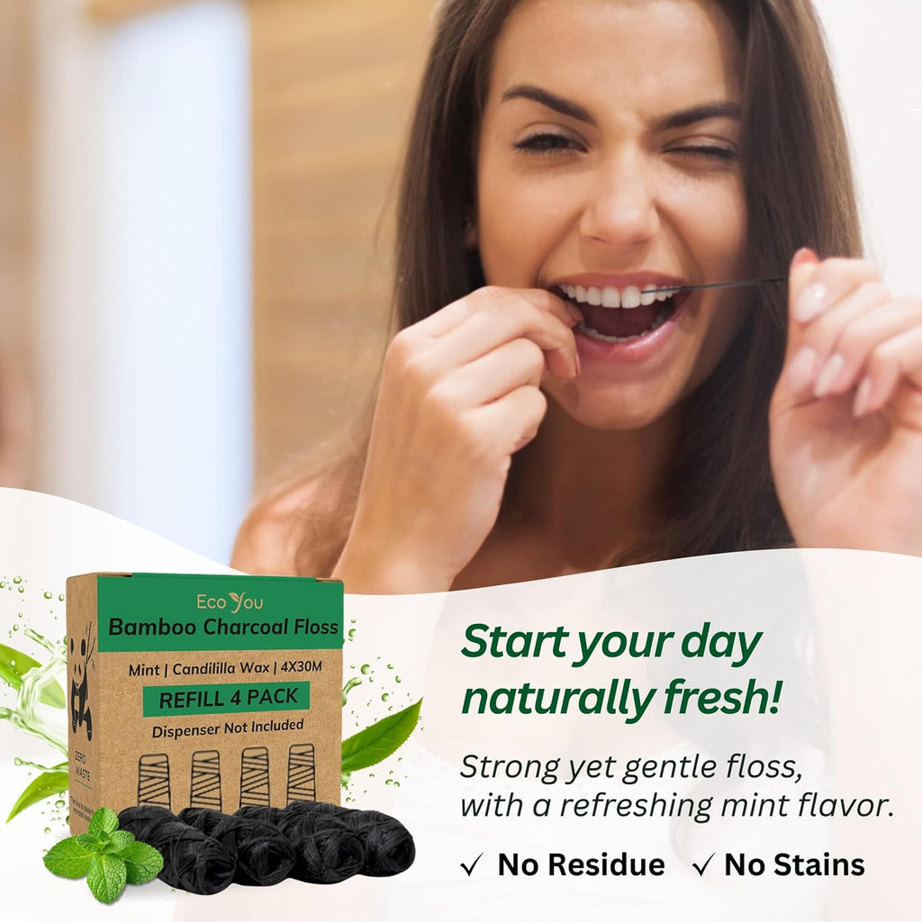 Bamboo Charcoal Dental Floss | Mint & Candelilla Wax | Vegan & Biodegradable (4 Refills Pack) | Pfas Free
